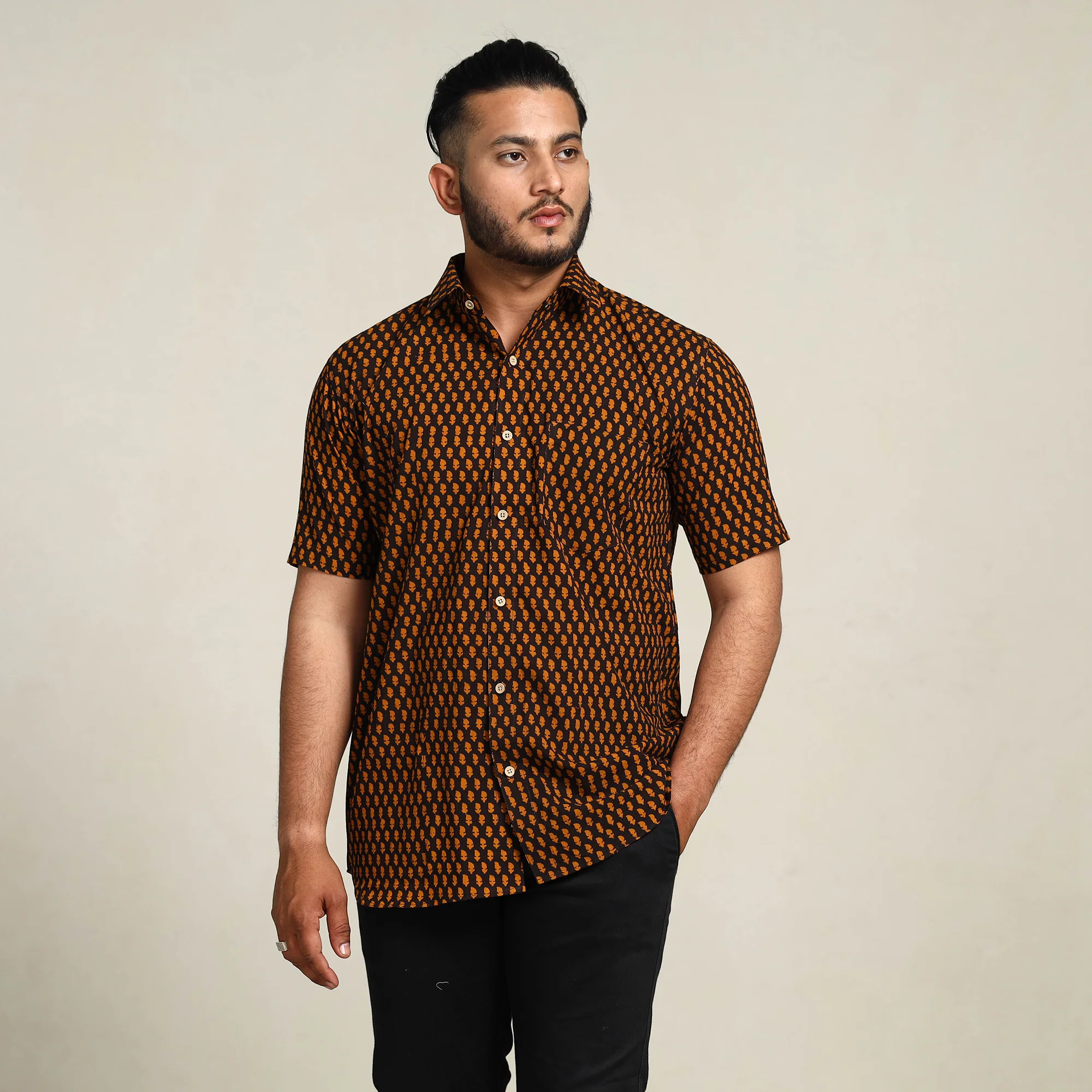 Brown - Bagh Hand Block Printed Cotton Men Half Sleeve Shirt - Image 3