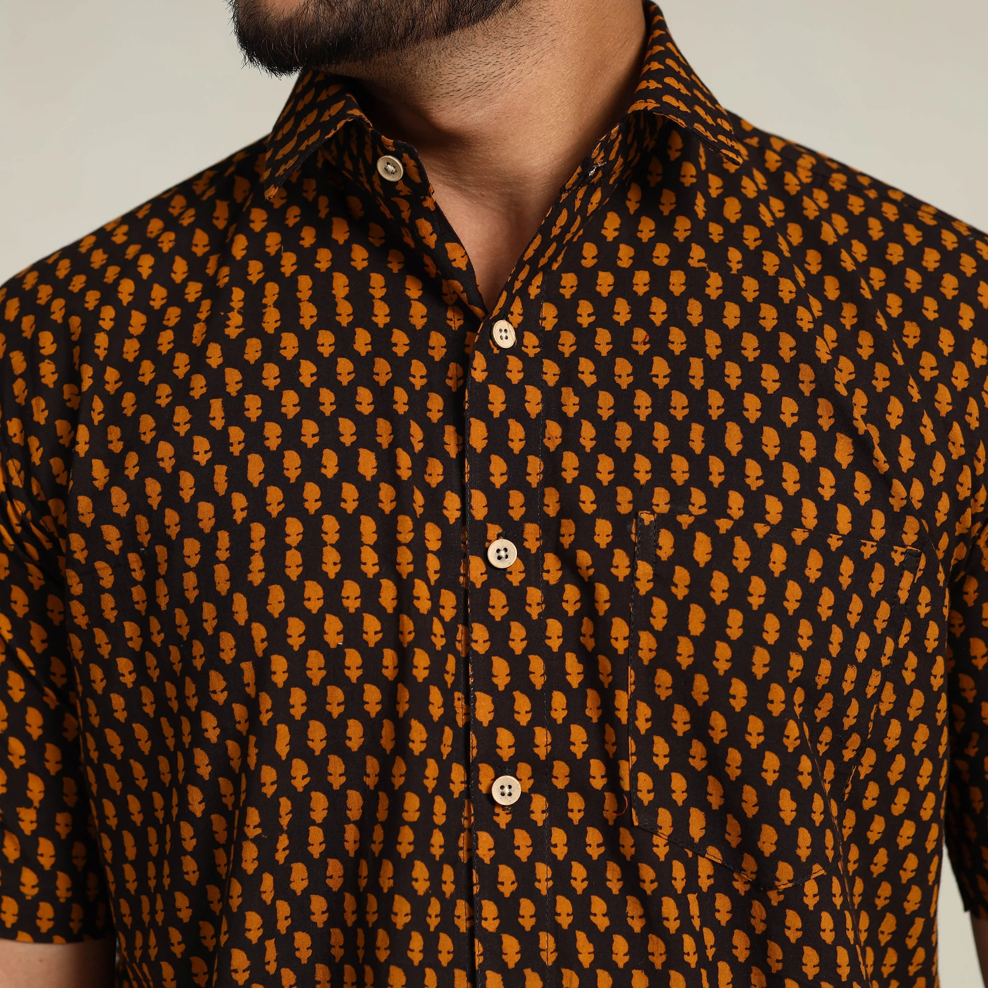 Brown - Bagh Hand Block Printed Cotton Men Half Sleeve Shirt - Image 4