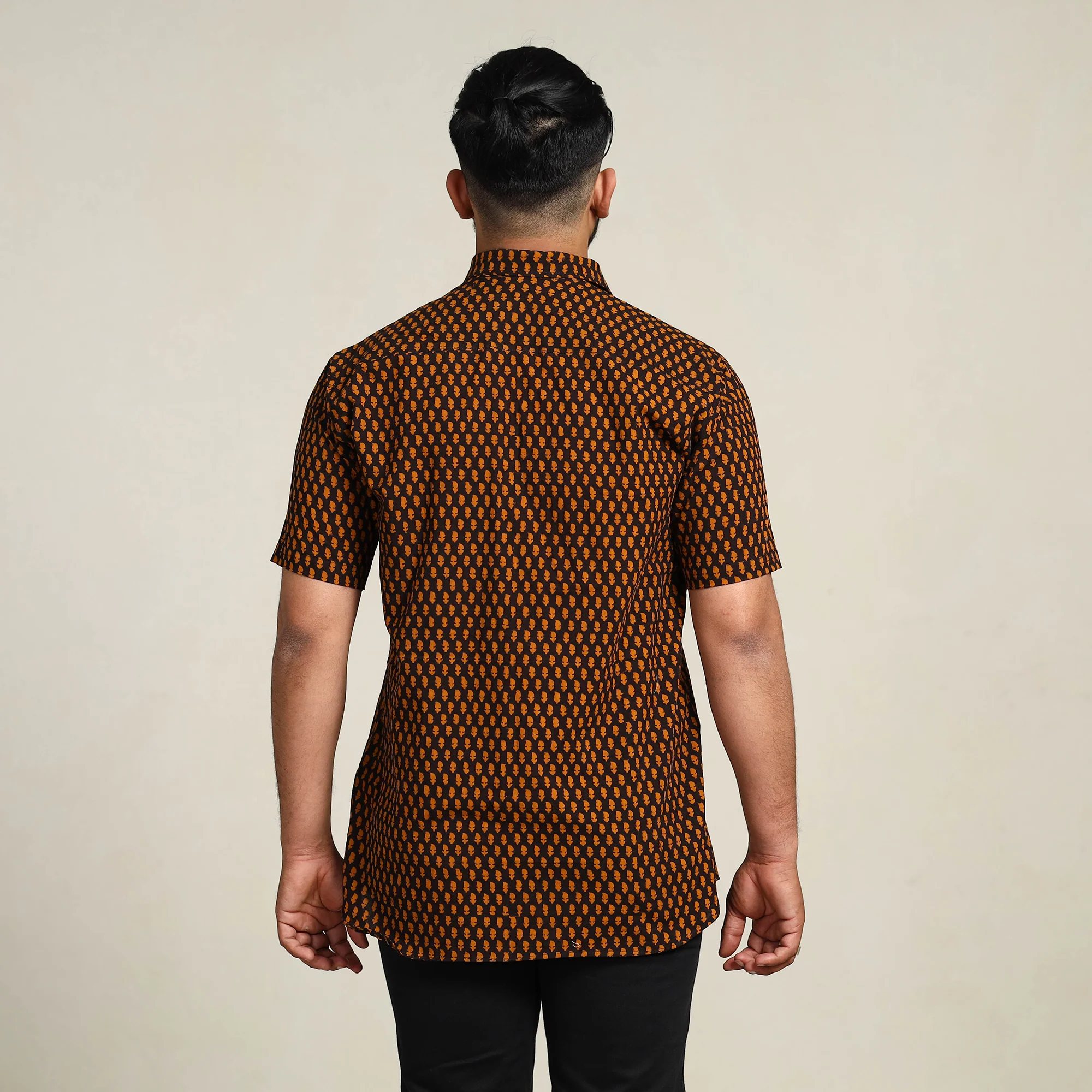 Brown - Bagh Hand Block Printed Cotton Men Half Sleeve Shirt - Image 6