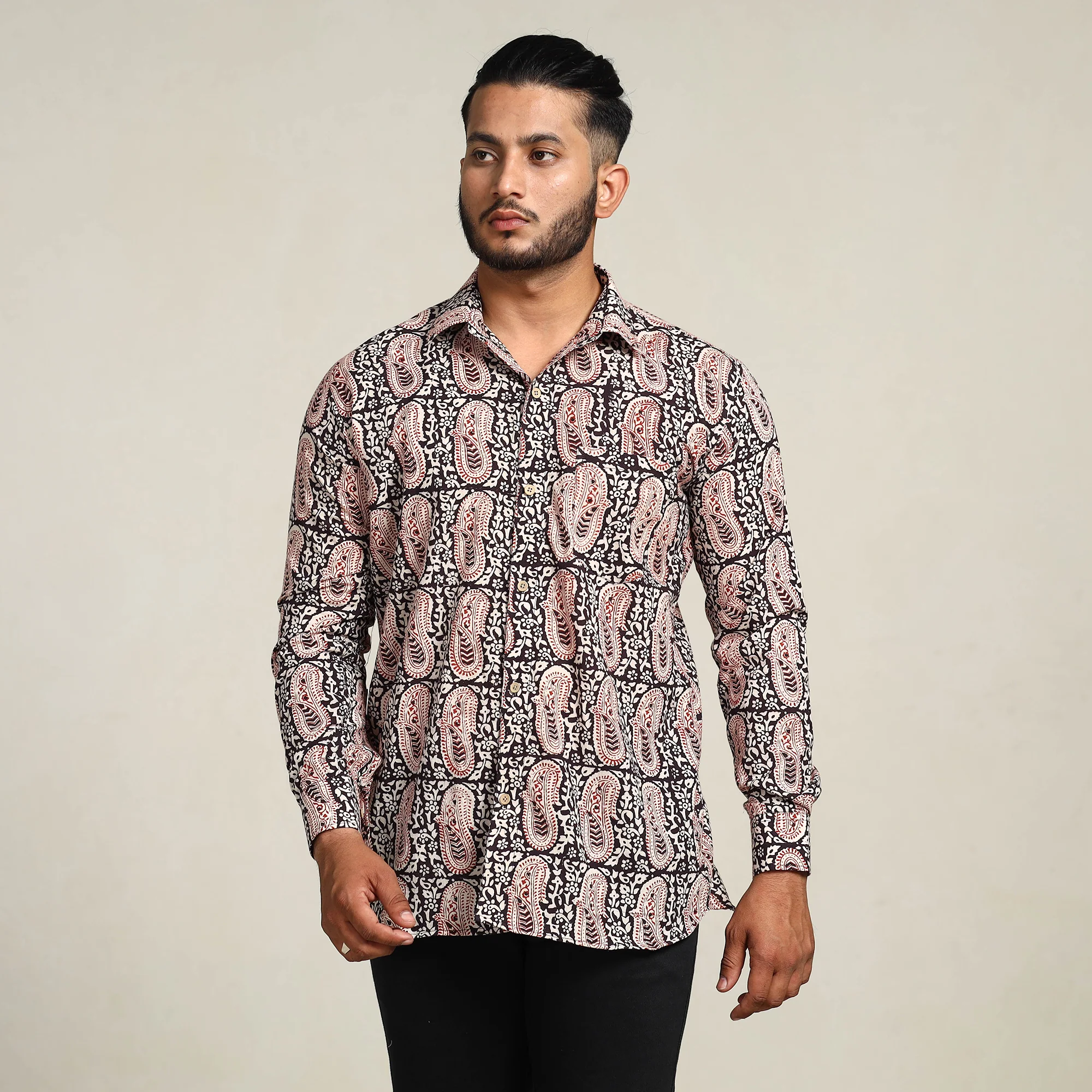 Black - Bagh Hand Block Printed Cotton Men Full Sleeve Shirt - Image 2