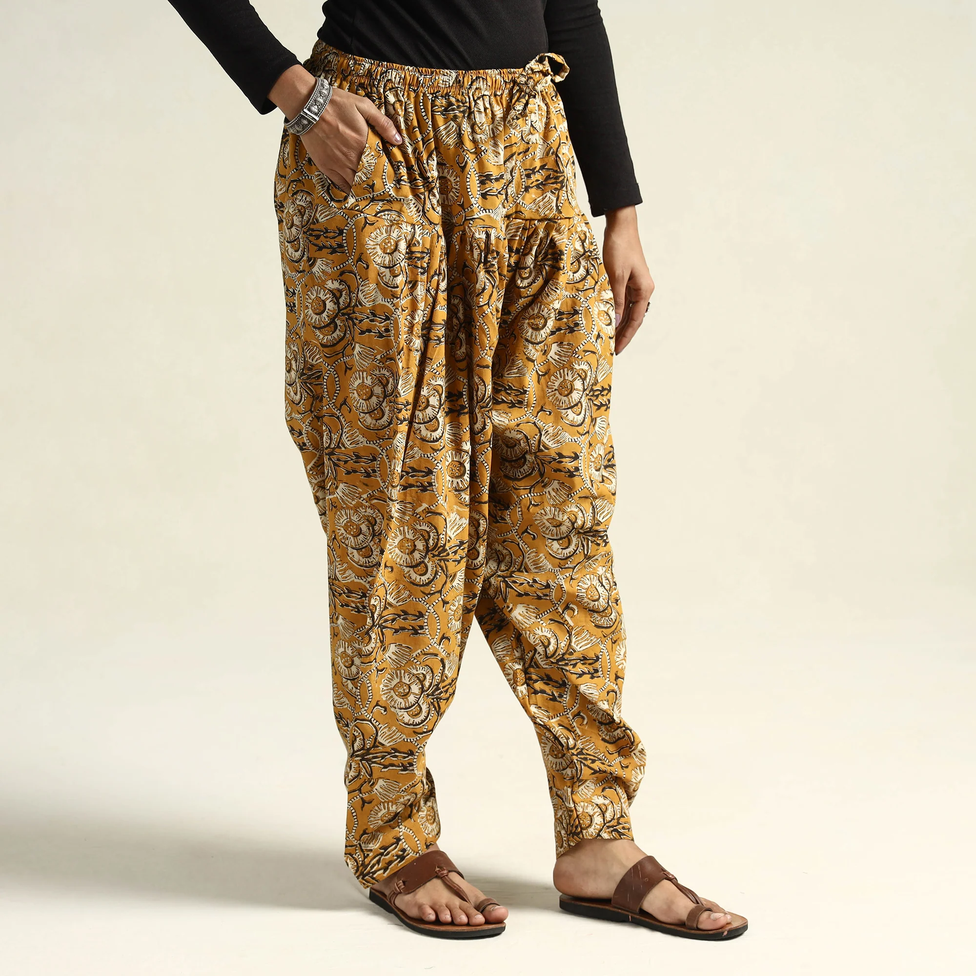 Yellow - Bagru Block Printed Cotton Elasticated Salwar - Image 3