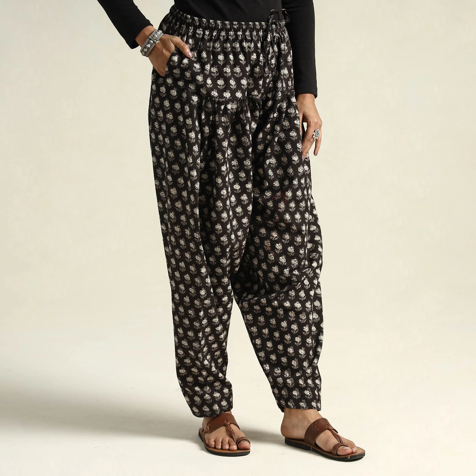 Black - Bagru Block Printed Cotton Elasticated Salwar - Image 3