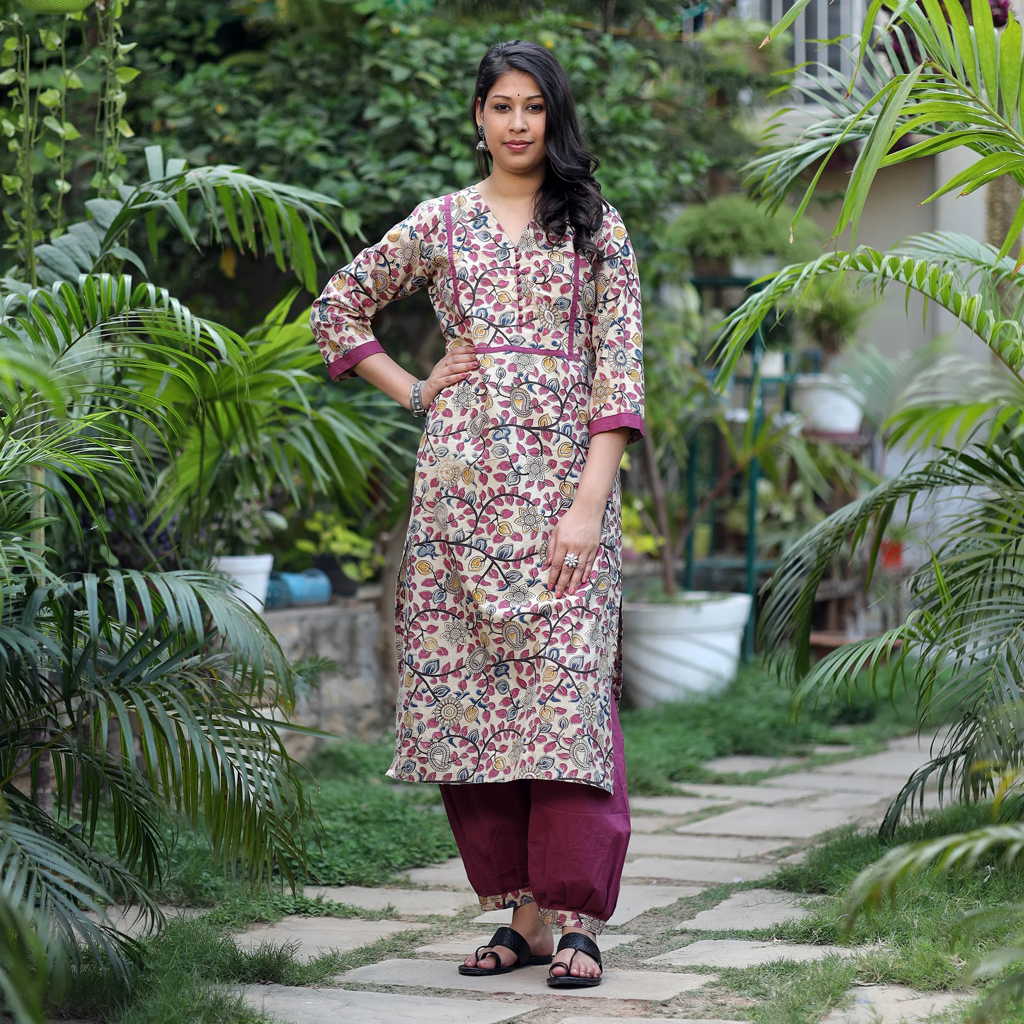 Beige - Kalamkari Printed Cotton Kurta with Afghani Salwar Set - Image 4