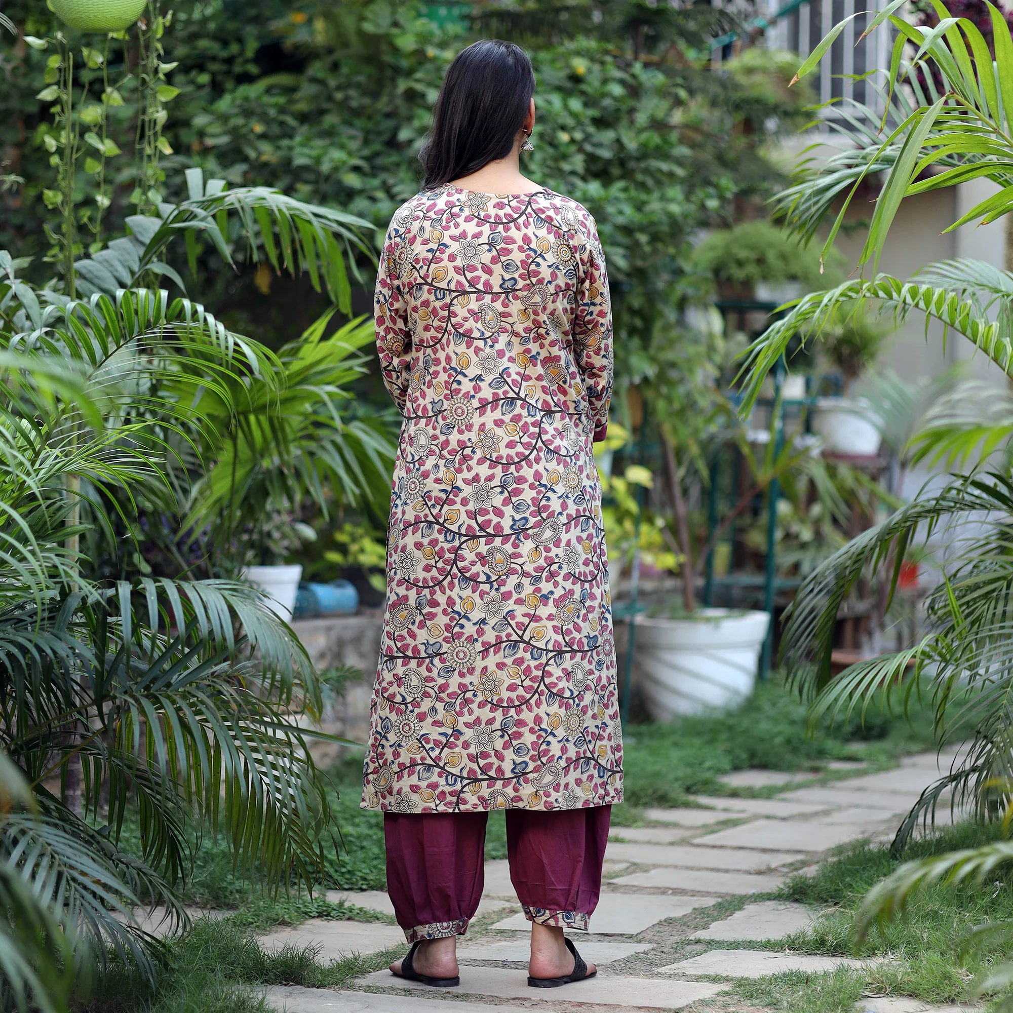 Beige - Kalamkari Printed Cotton Kurta with Afghani Salwar Set - Image 6