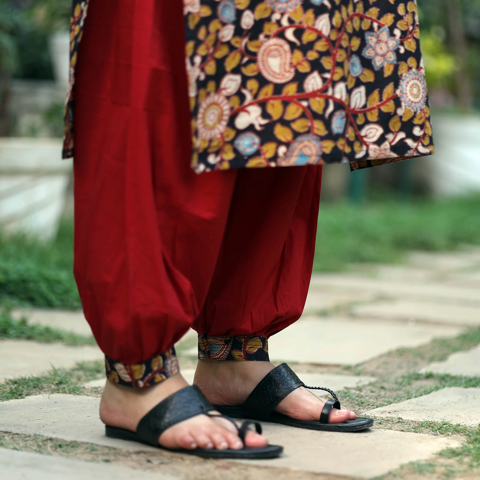 Black - Kalamkari Printed Cotton Kurta with Afghani Salwar Set - Image 5