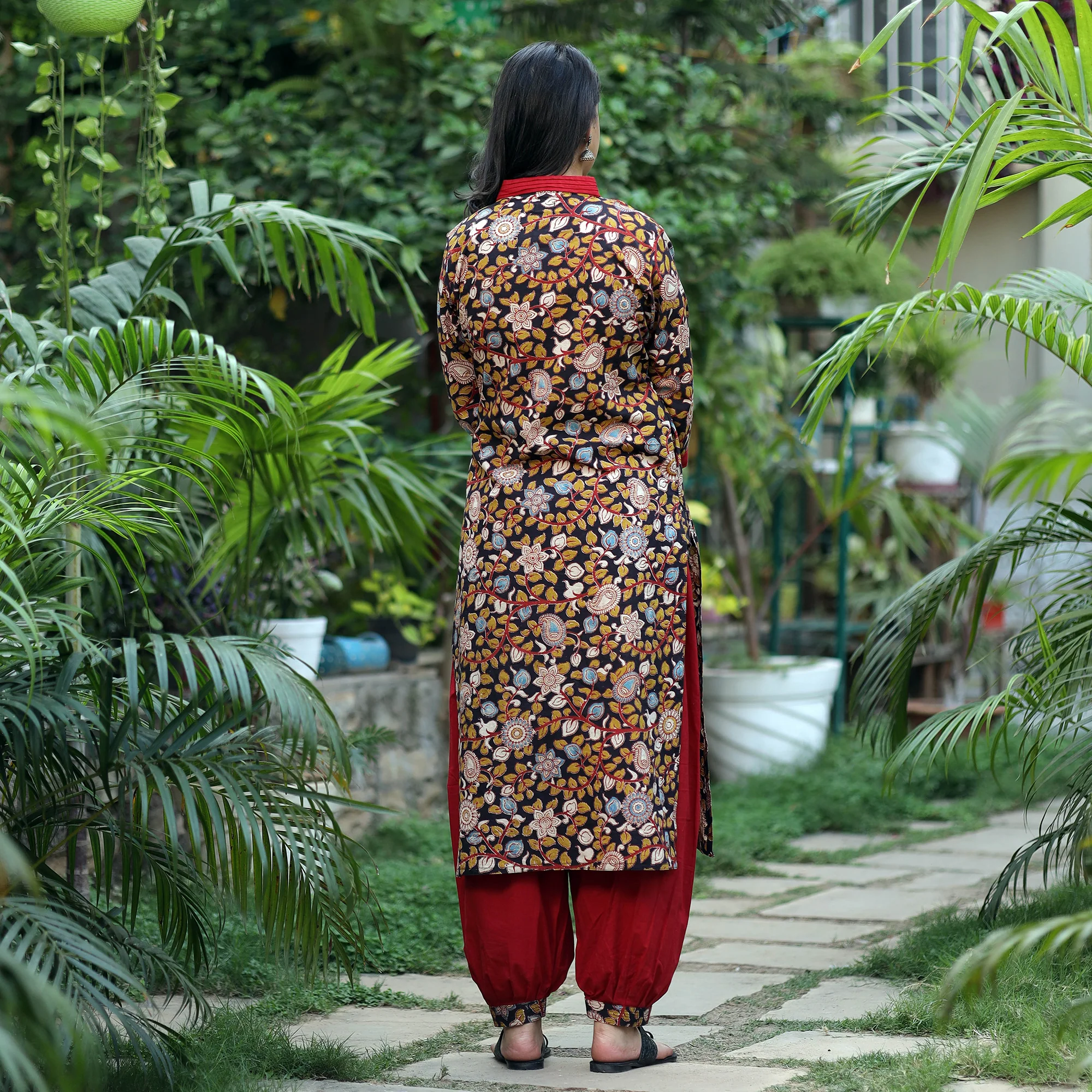 Black - Kalamkari Printed Cotton Kurta with Afghani Salwar Set - Image 6