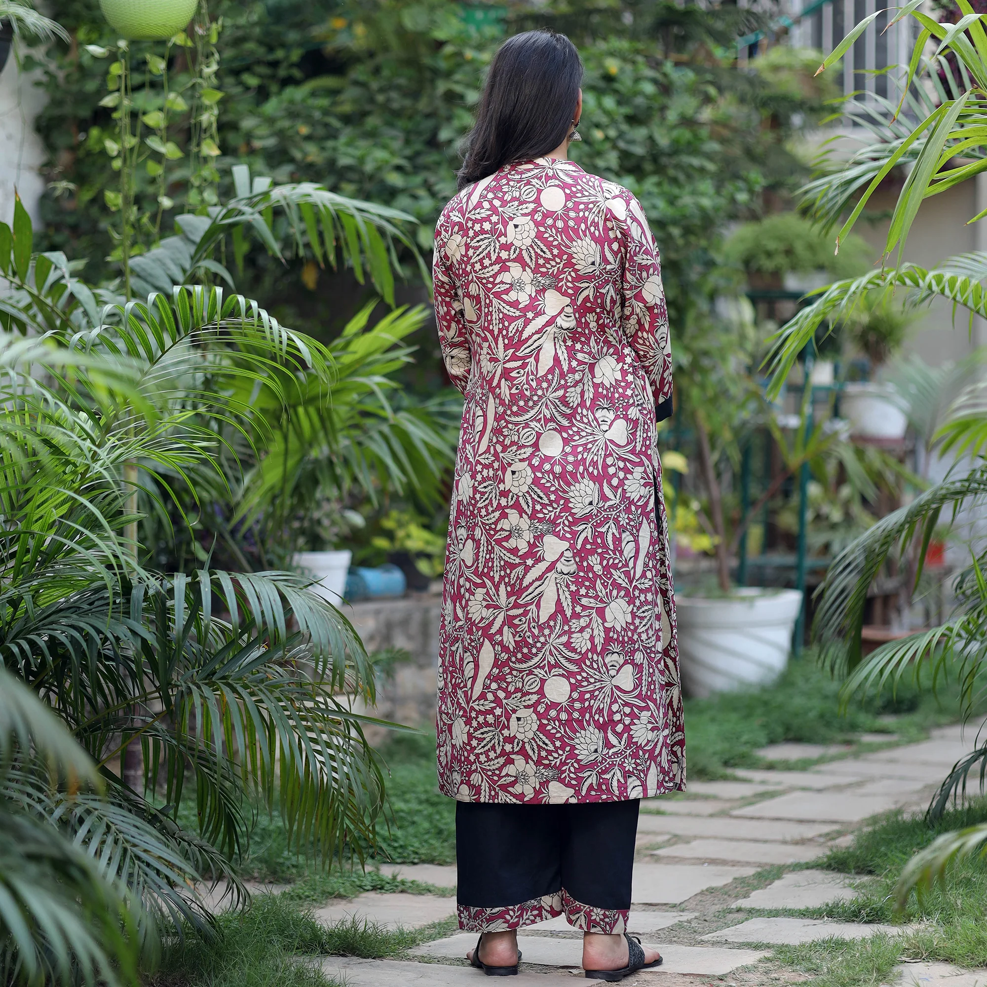 Purple - Dark Pink - Kalamkari Printed Cotton Kurta with Palazzo Set - Image 6