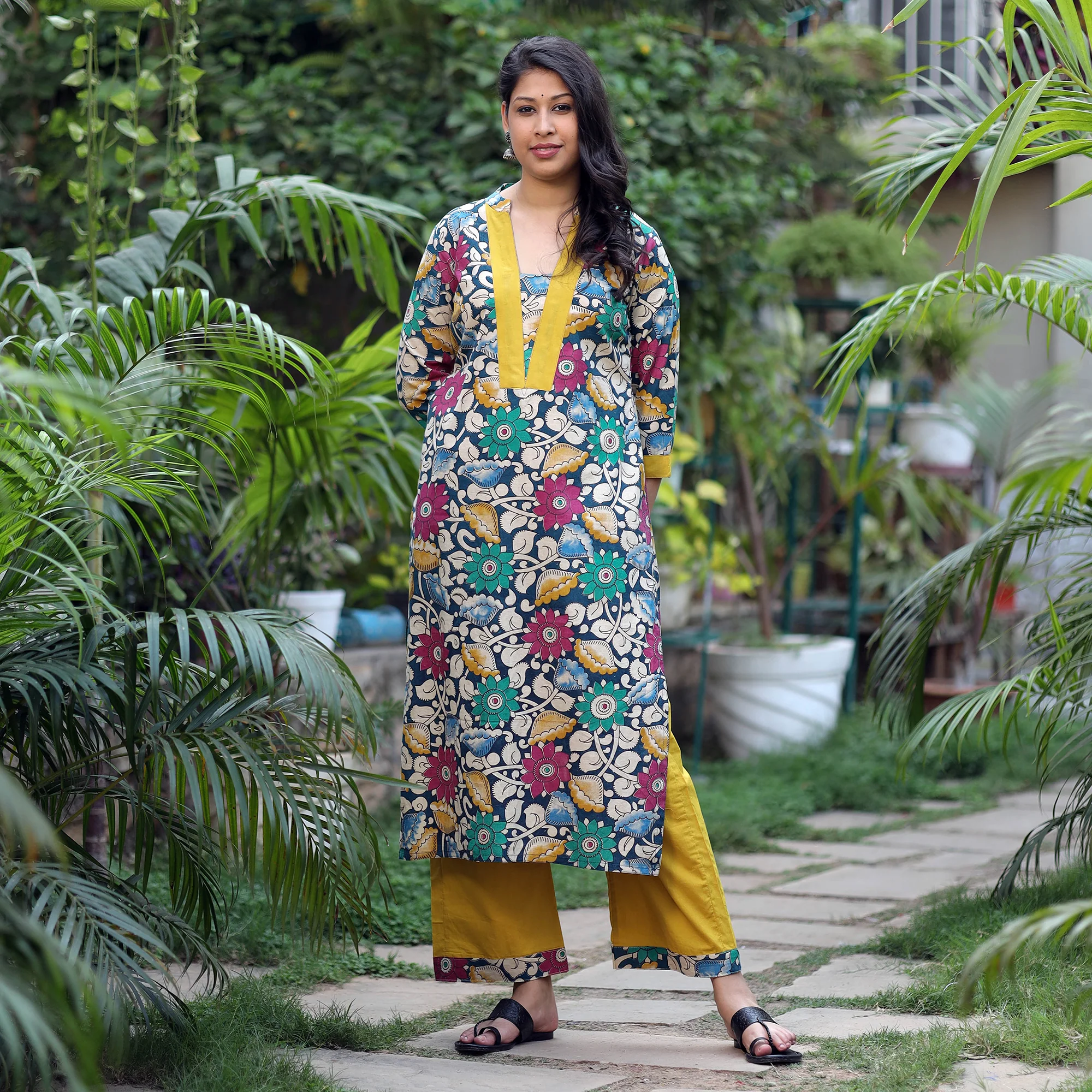 Multicolor - Kalamkari Printed Cotton Kurta with Palazzo Set - Image 4