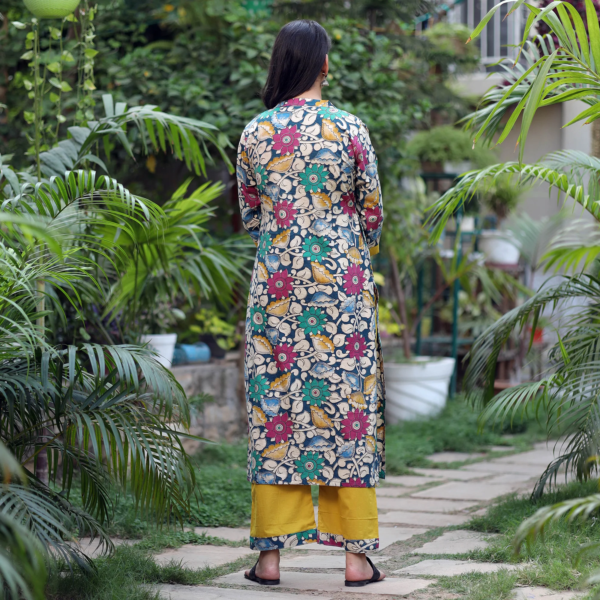 Multicolor - Kalamkari Printed Cotton Kurta with Palazzo Set - Image 6