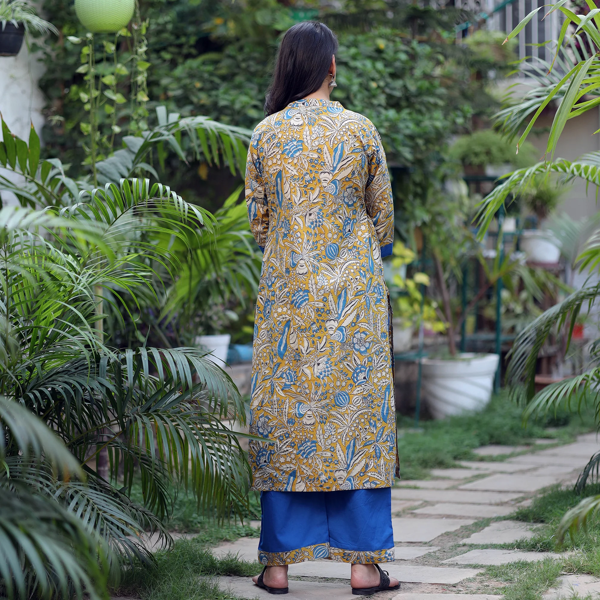 Yellow - Kalamkari Printed Cotton Kurta with Palazzo Set - Image 6