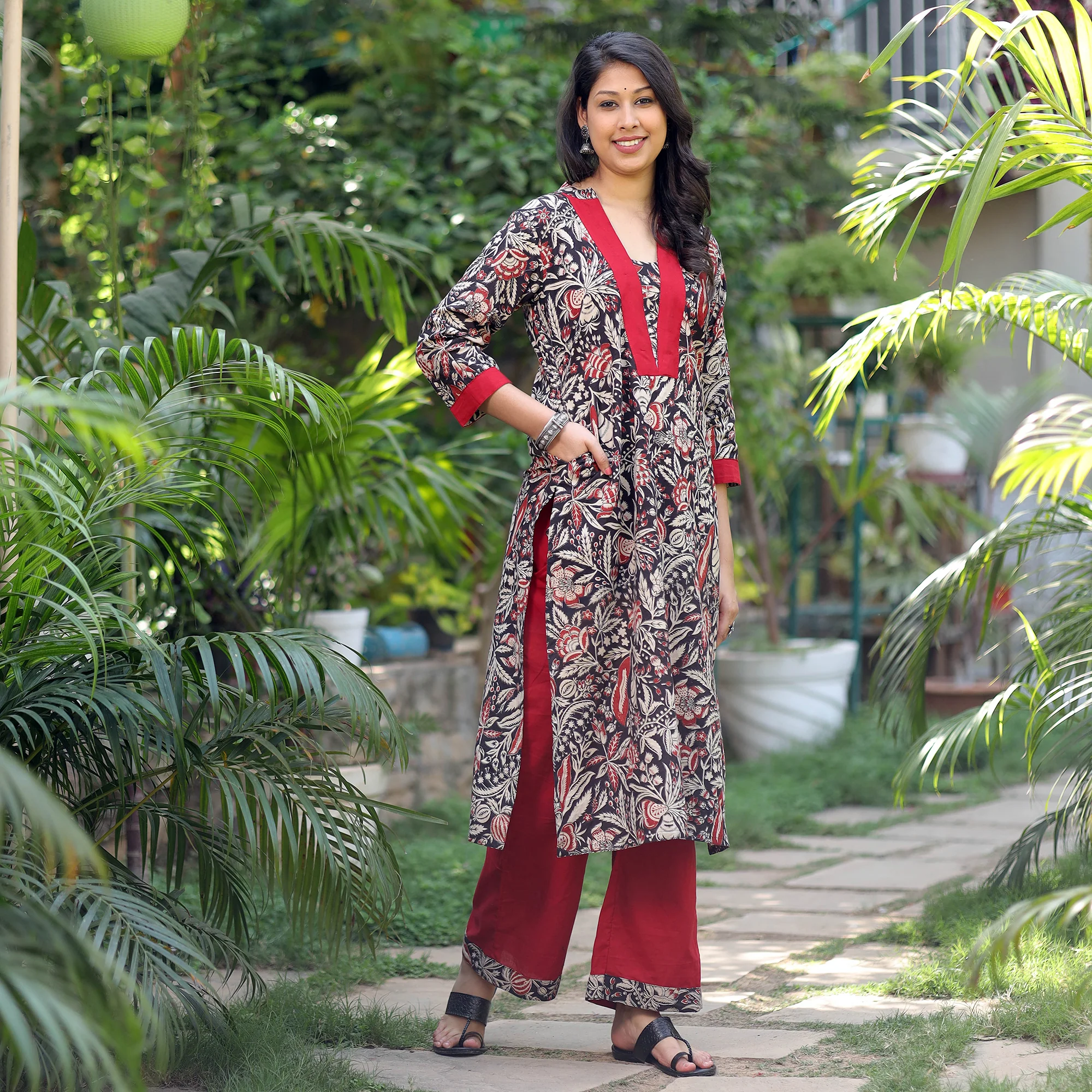 Black - Kalamkari Printed Cotton Kurta with Palazzo Set - Image 4