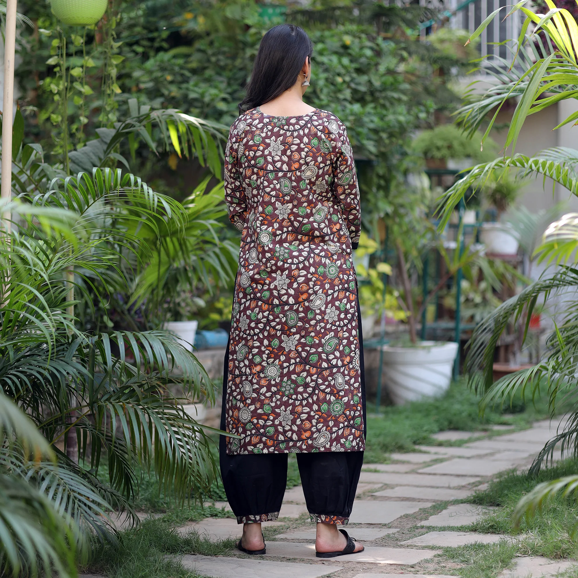 Brown - Kalamkari Printed Cotton Kurta with Afghani Salwar Set - Image 6