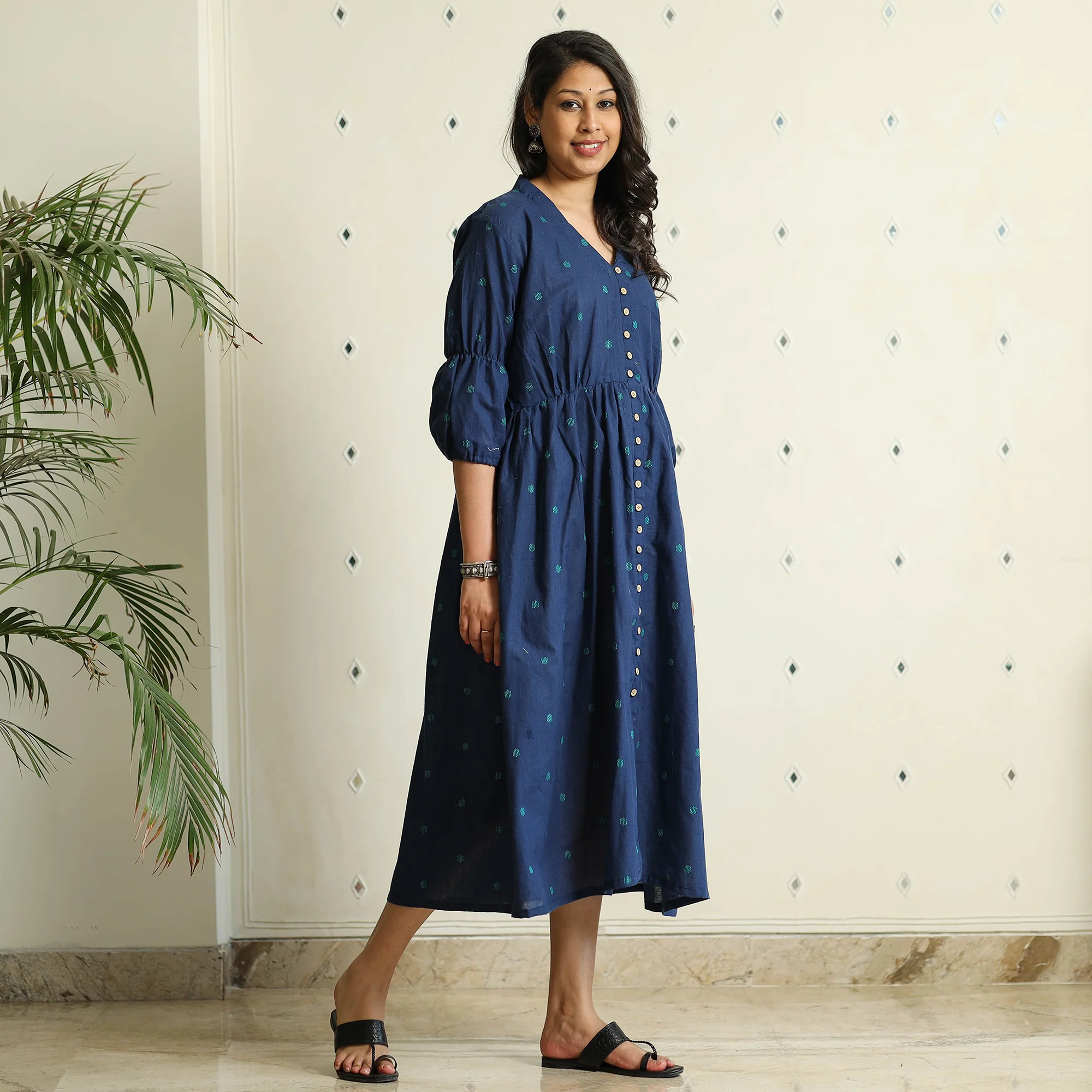 Blue - Jacquard Cotton Flared Gher Dress - Image 4