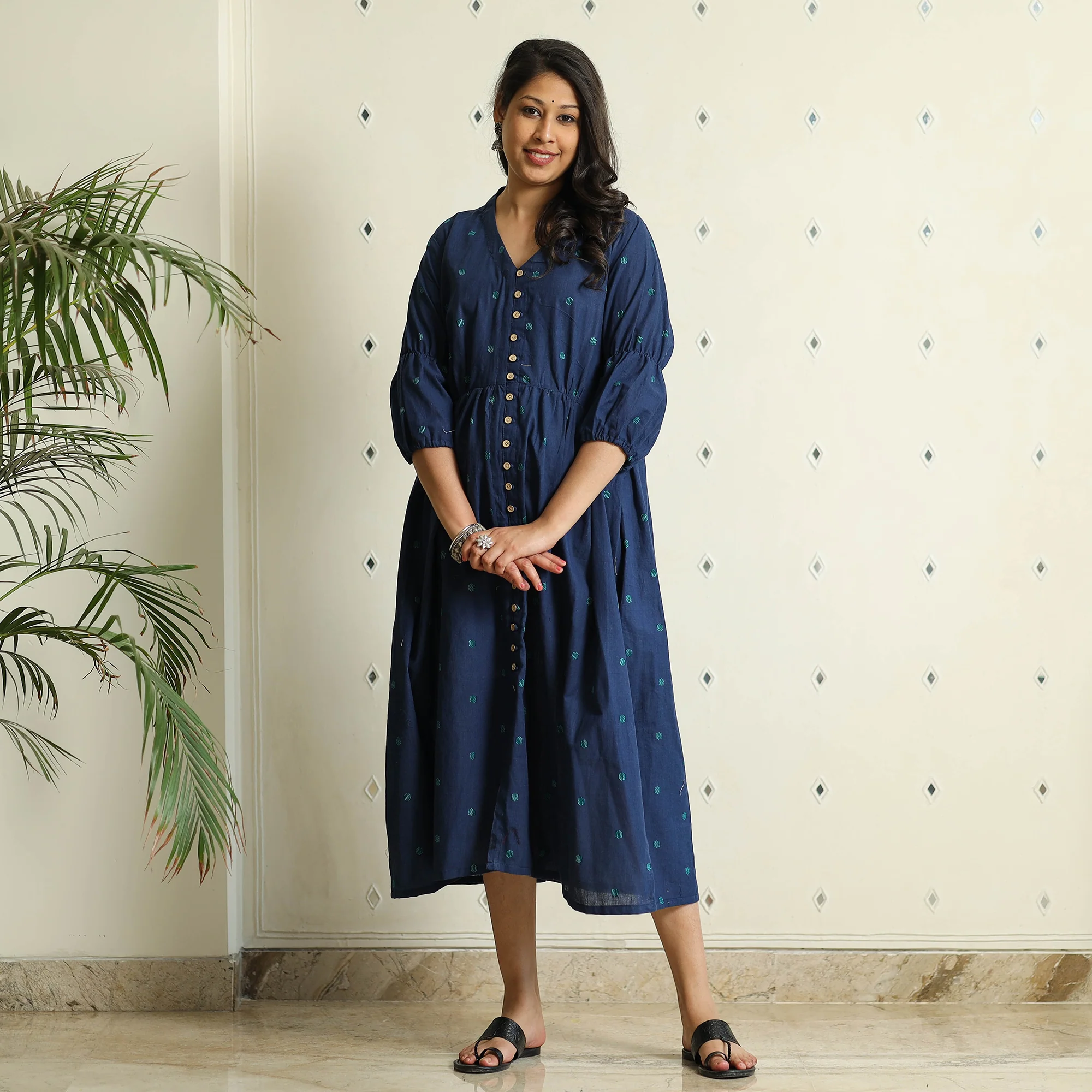 Blue - Jacquard Cotton Flared Gher Dress - Image 5