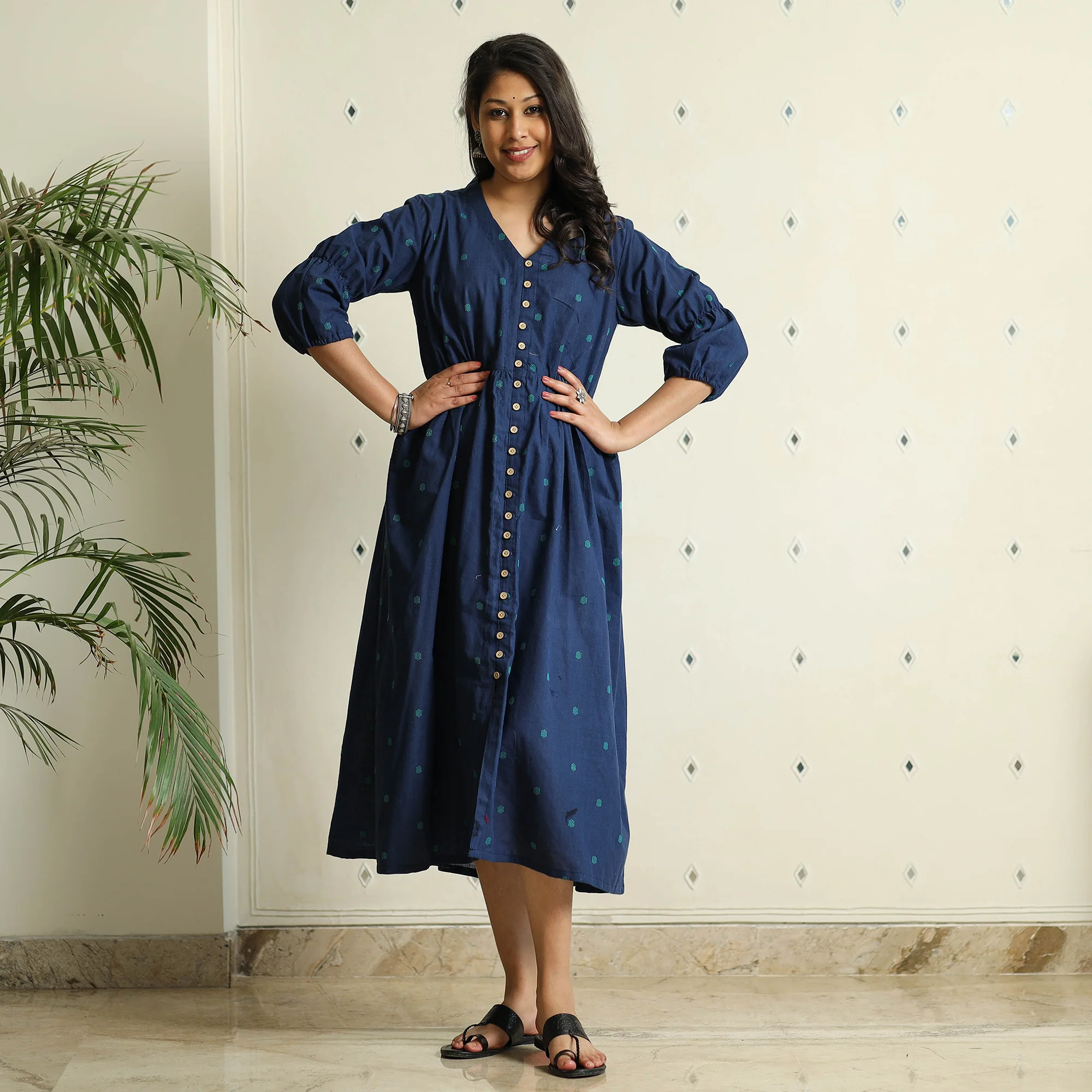 Blue - Jacquard Cotton Flared Gher Dress - Image 6