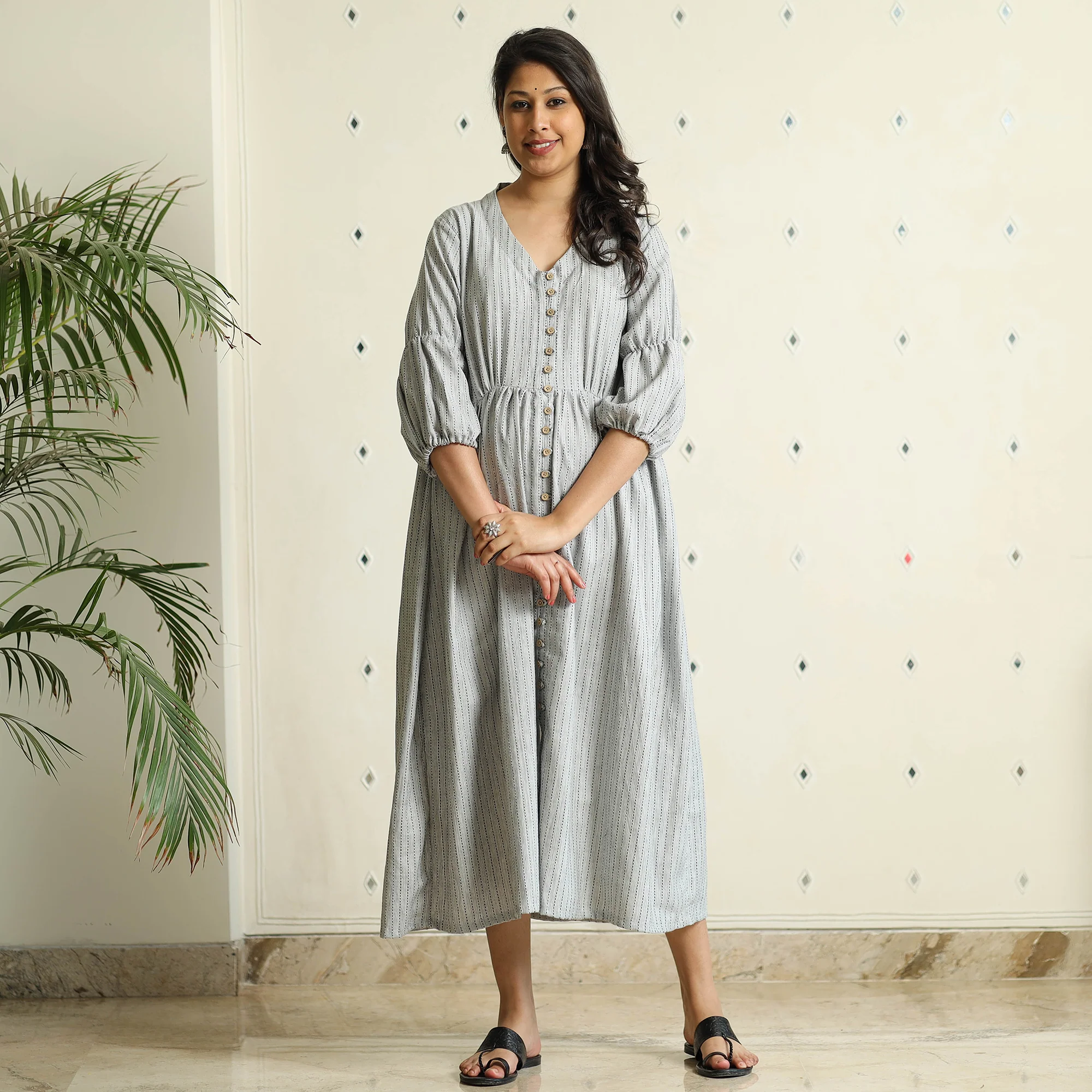 Grey - Jacquard Cotton Flared Gher Dress - Image 2