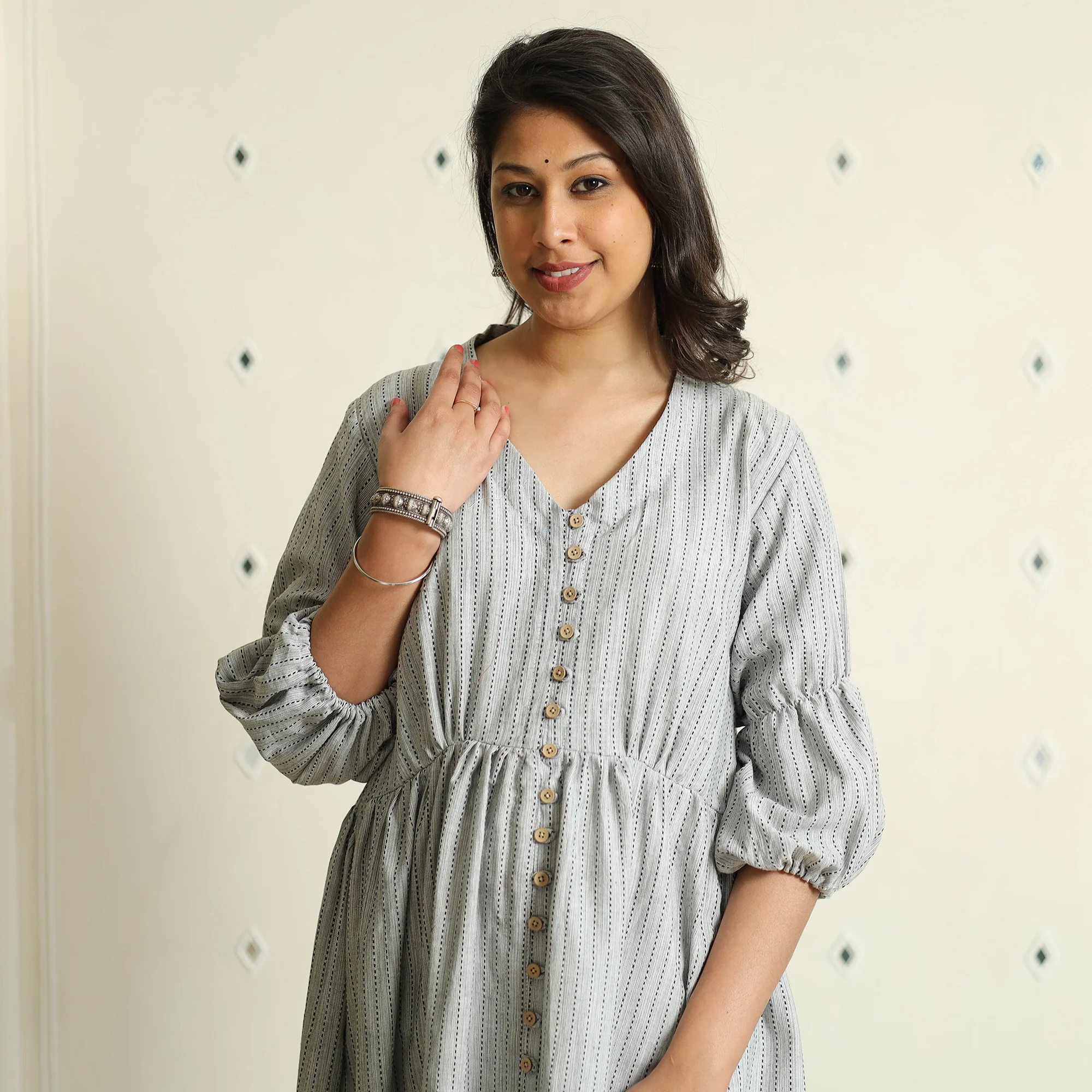 Grey - Jacquard Cotton Flared Gher Dress - Image 3