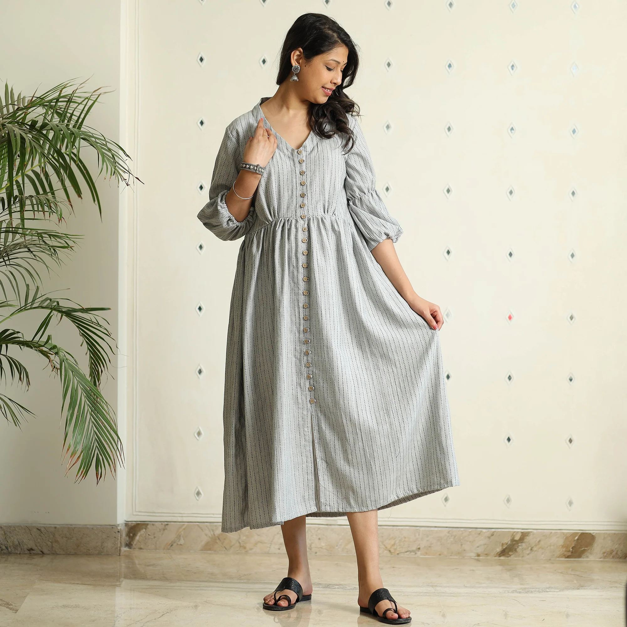 Grey - Jacquard Cotton Flared Gher Dress - Image 4