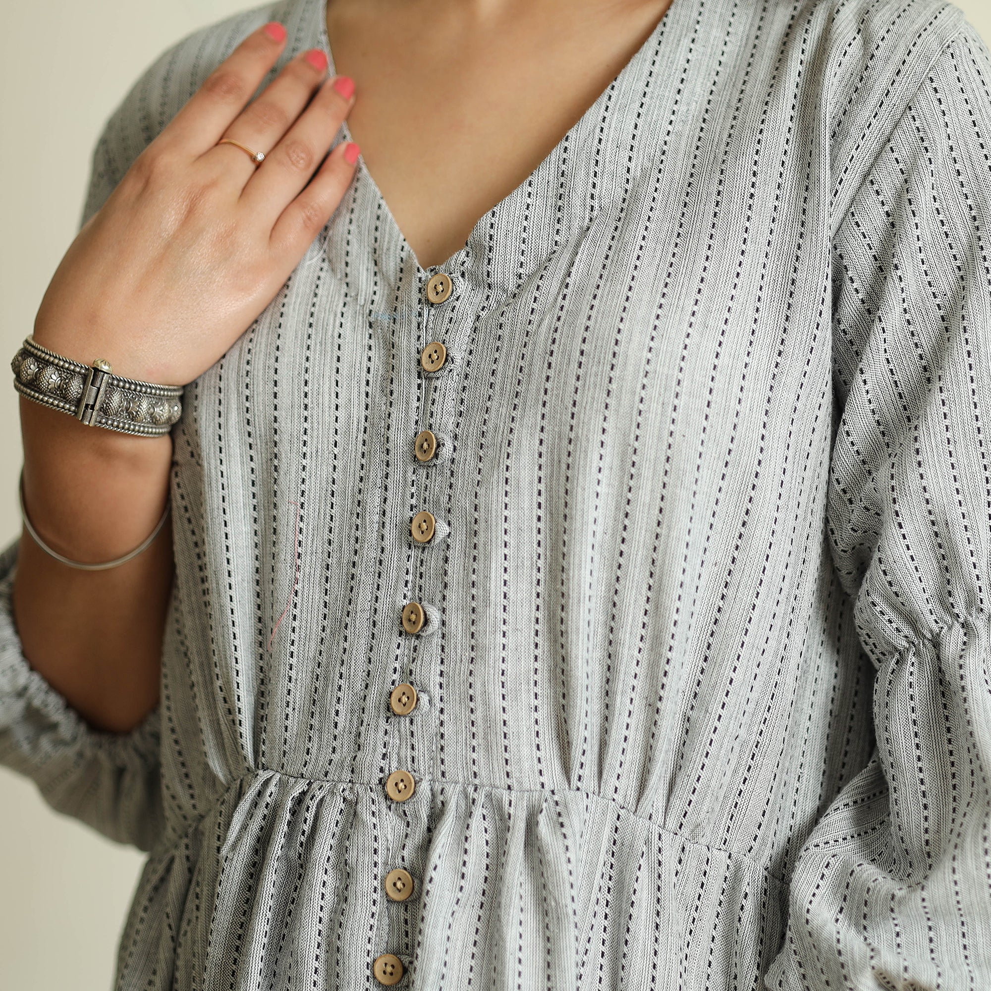 Grey - Jacquard Cotton Flared Gher Dress - Image 5