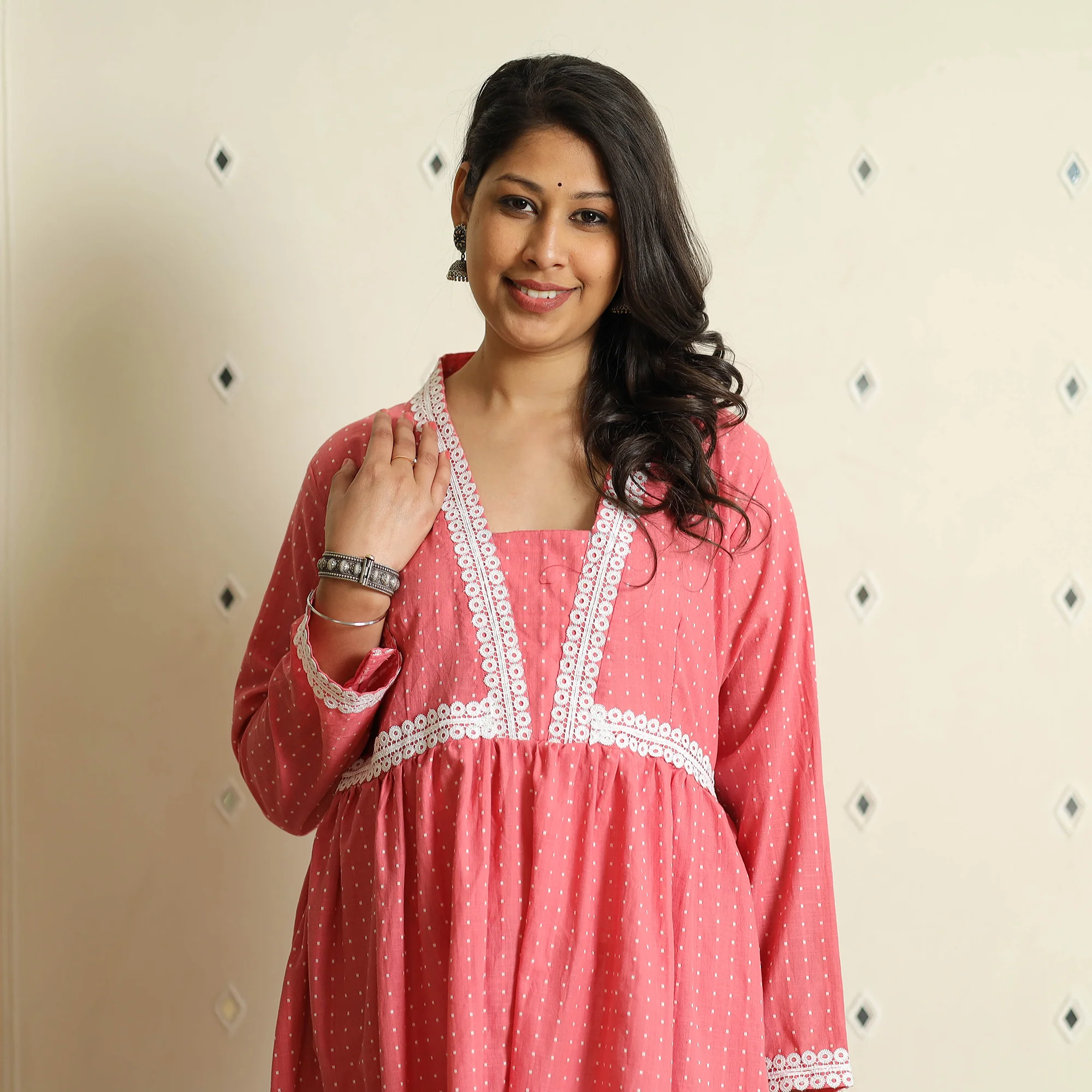 Pink - Jacquard Cotton Flared Gher Dress - Image 3