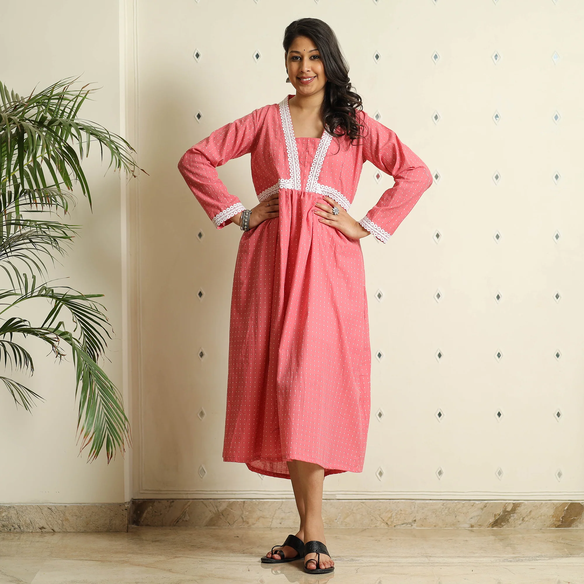 Pink - Jacquard Cotton Flared Gher Dress - Image 4