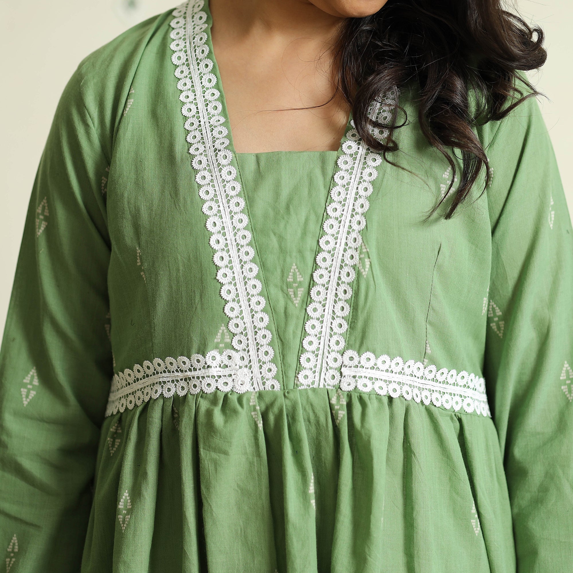 Green - Jacquard Cotton Flared Gher Dress - Image 6