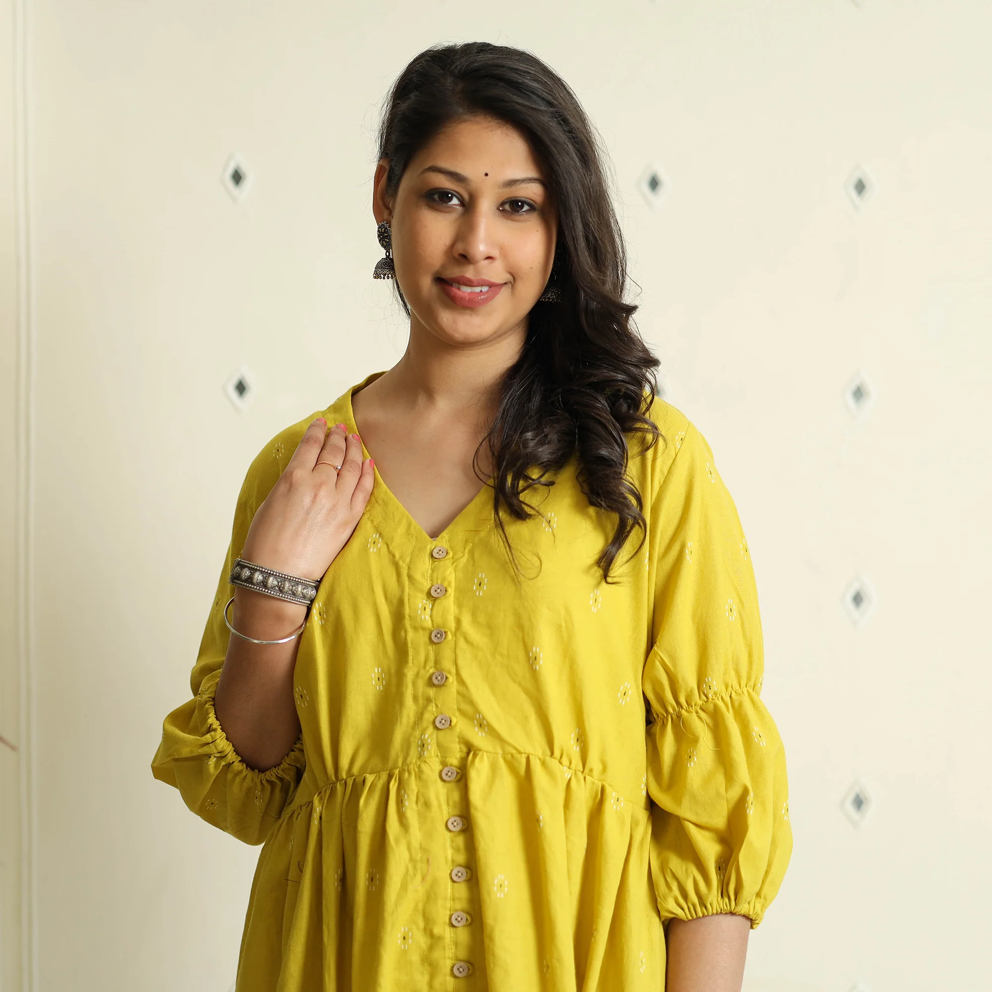 Yellow - Jacquard Cotton Flared Gher Dress - Image 3