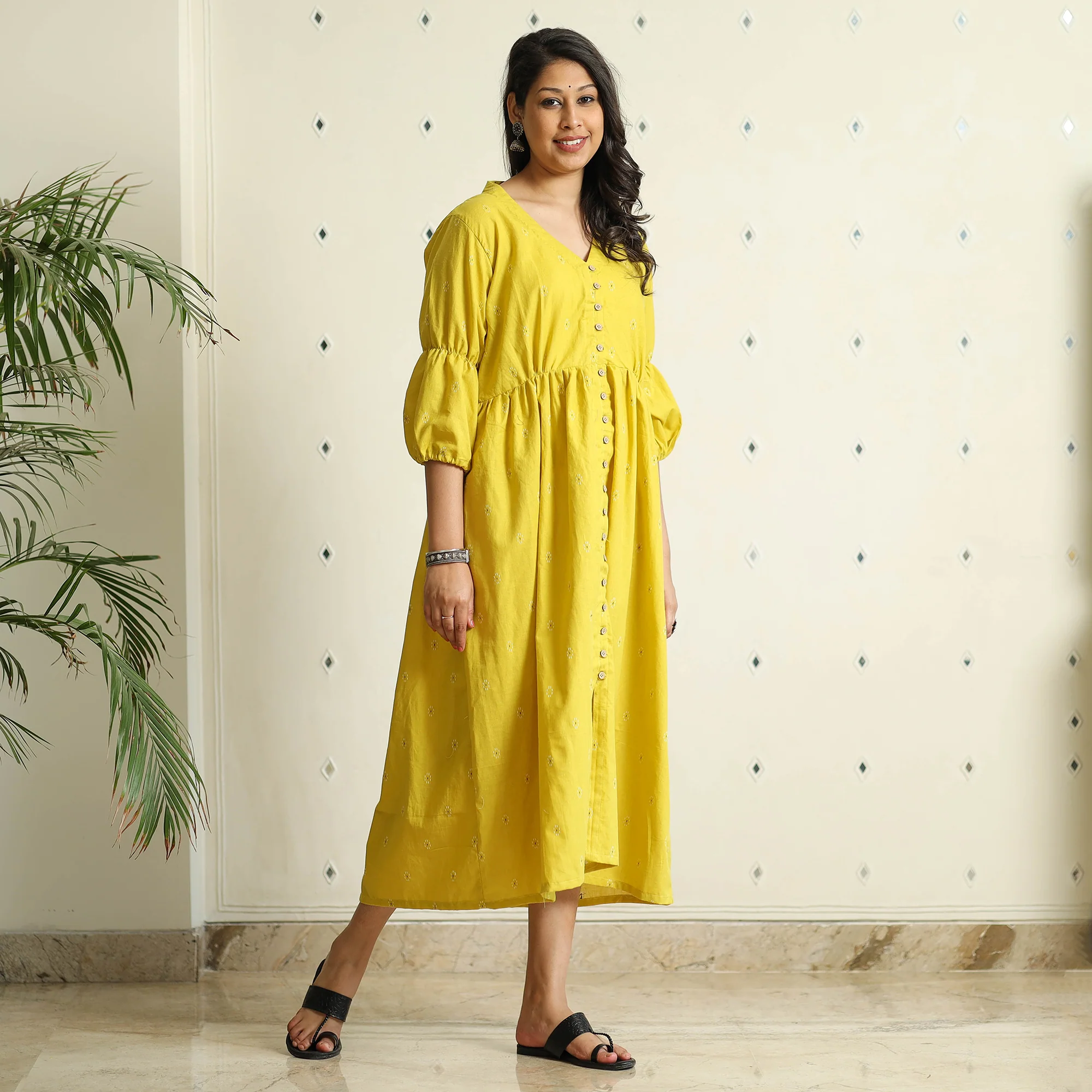 Yellow - Jacquard Cotton Flared Gher Dress - Image 4