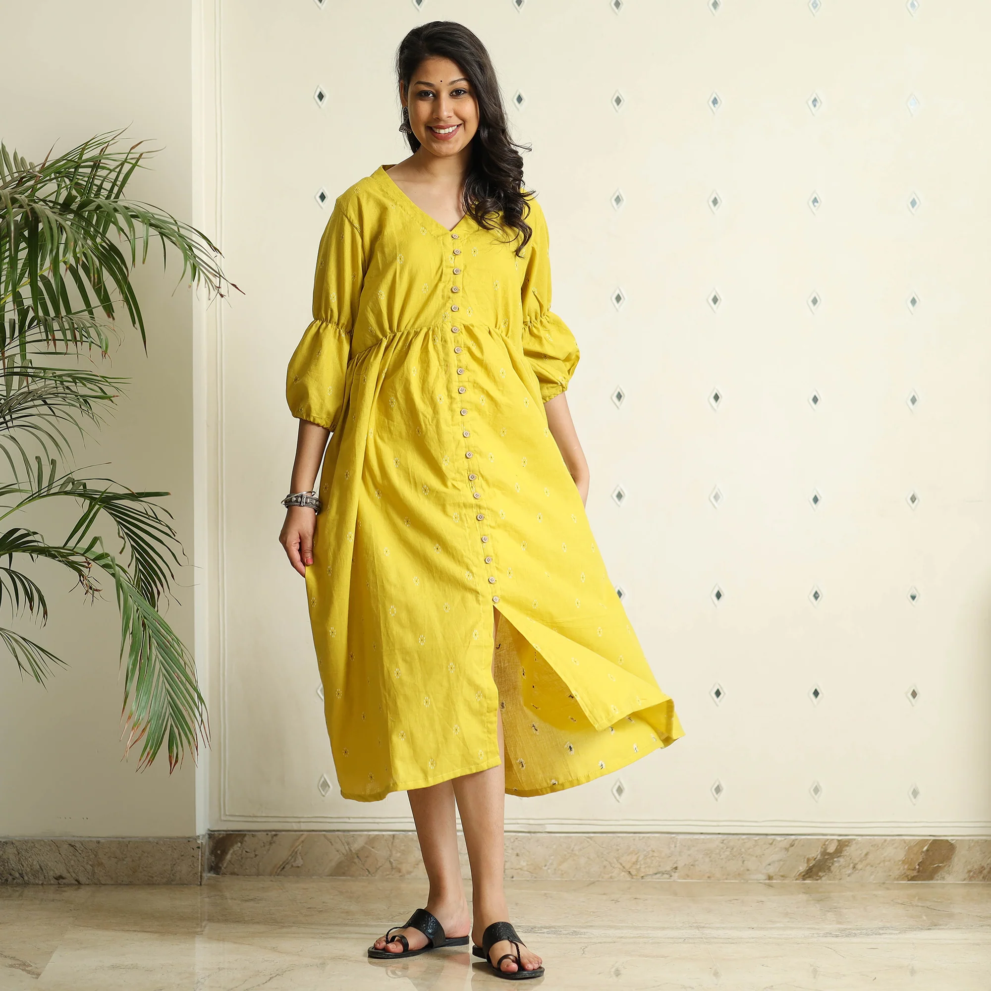 Yellow - Jacquard Cotton Flared Gher Dress - Image 5