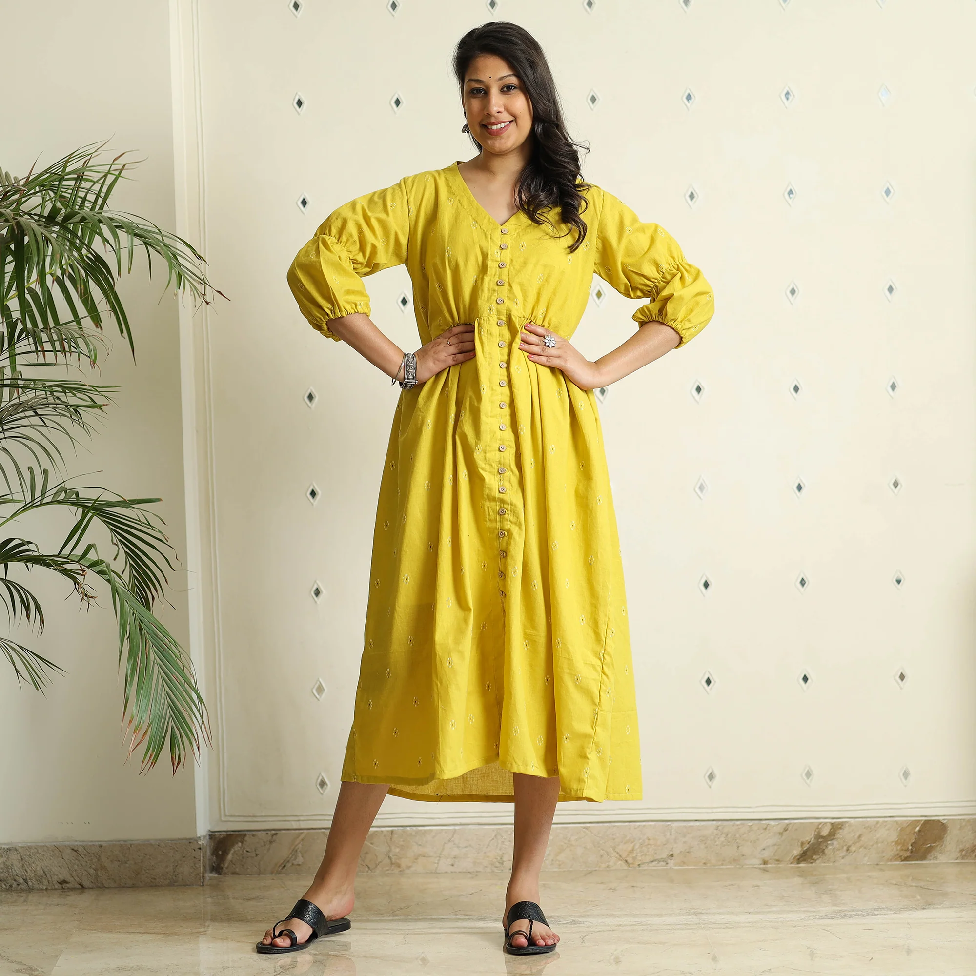 Yellow - Jacquard Cotton Flared Gher Dress - Image 6