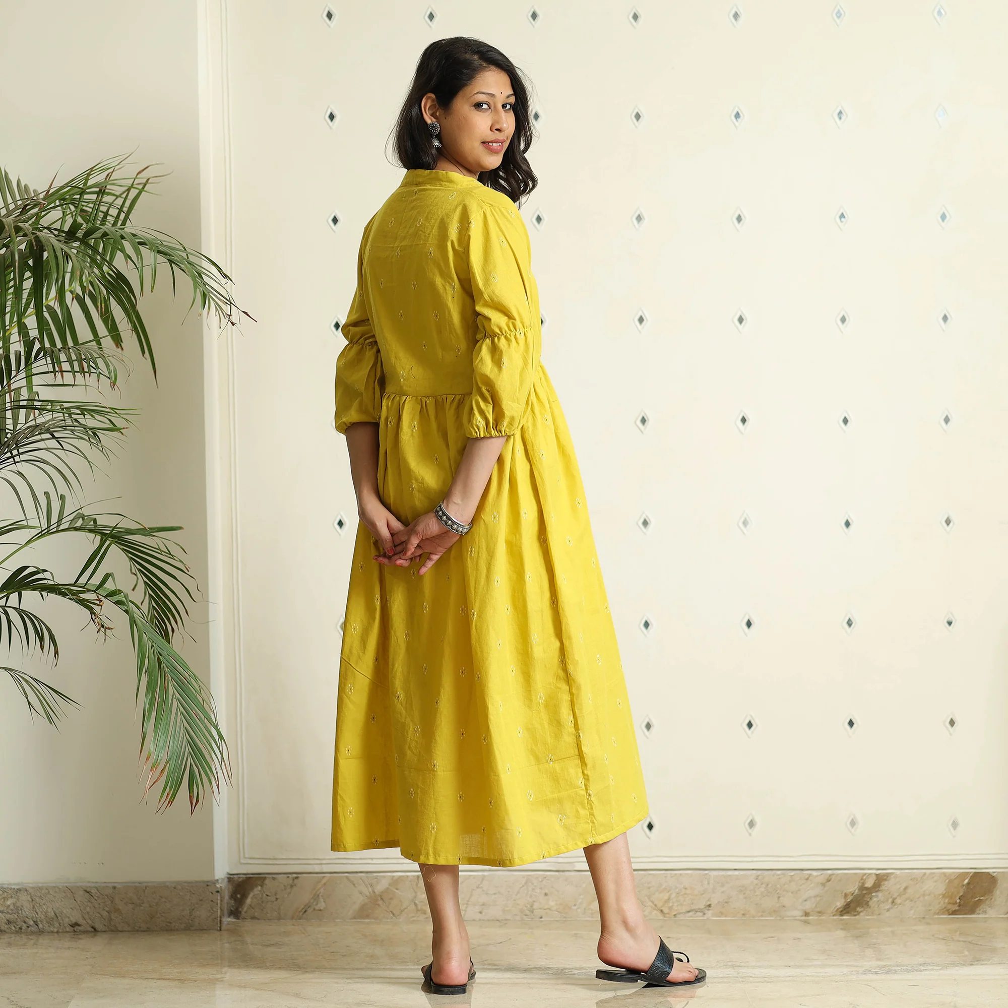 Yellow - Jacquard Cotton Flared Gher Dress - Image 9