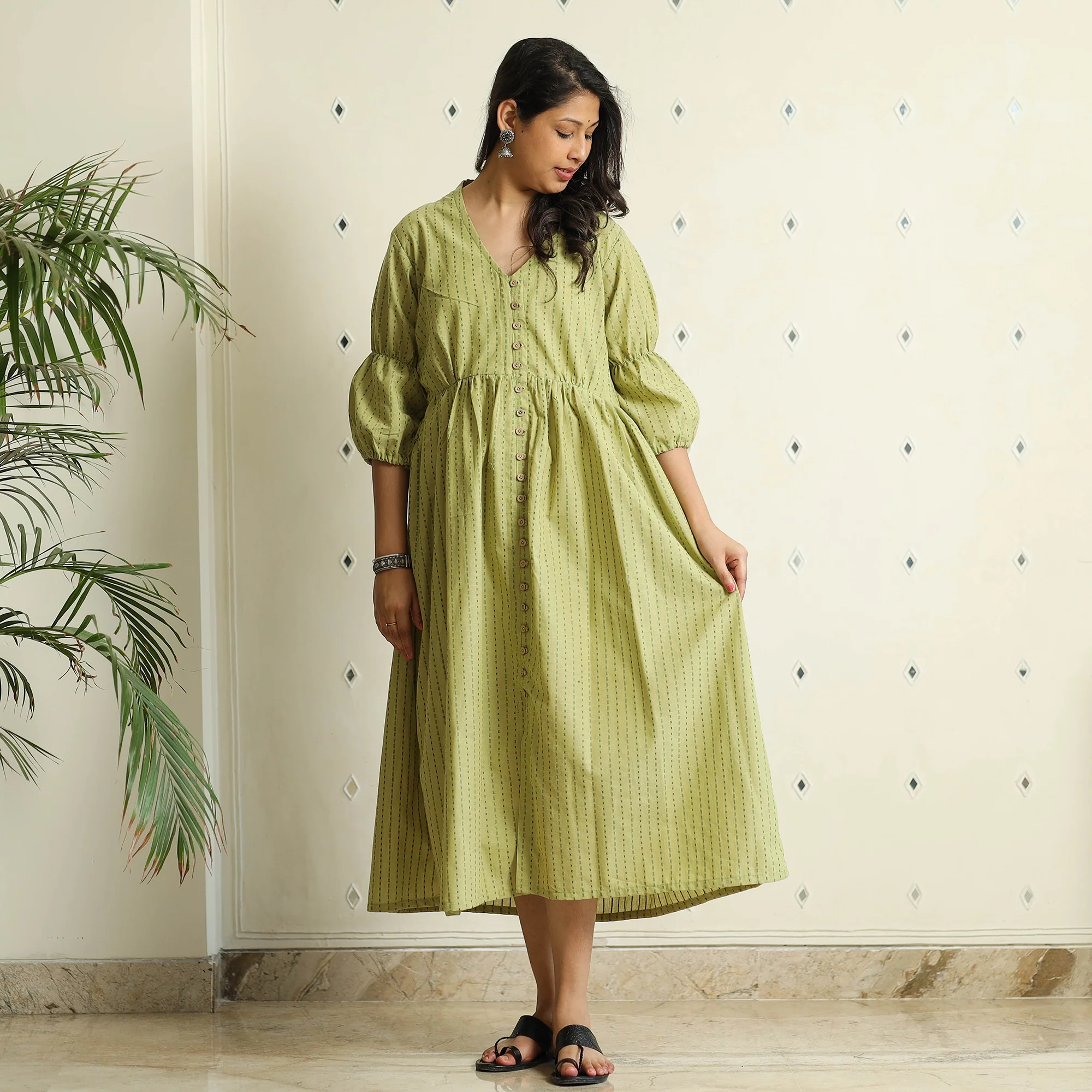 Green - Jacquard Cotton Flared Gher Dress - Image 3