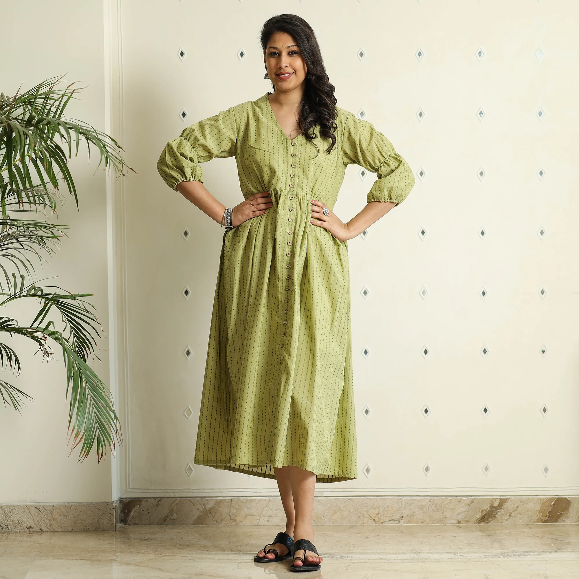 Green - Jacquard Cotton Flared Gher Dress - Image 5