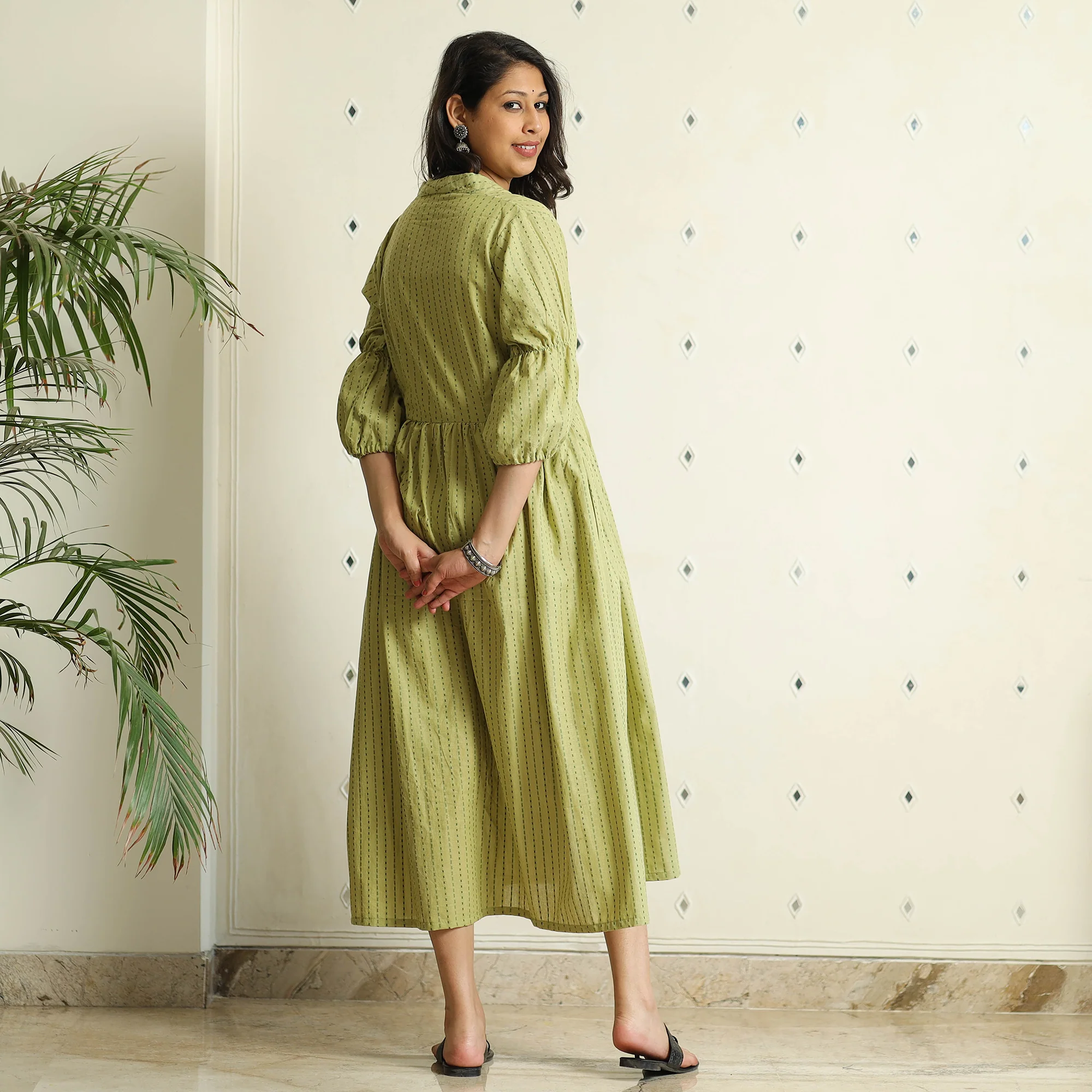 Green - Jacquard Cotton Flared Gher Dress - Image 8