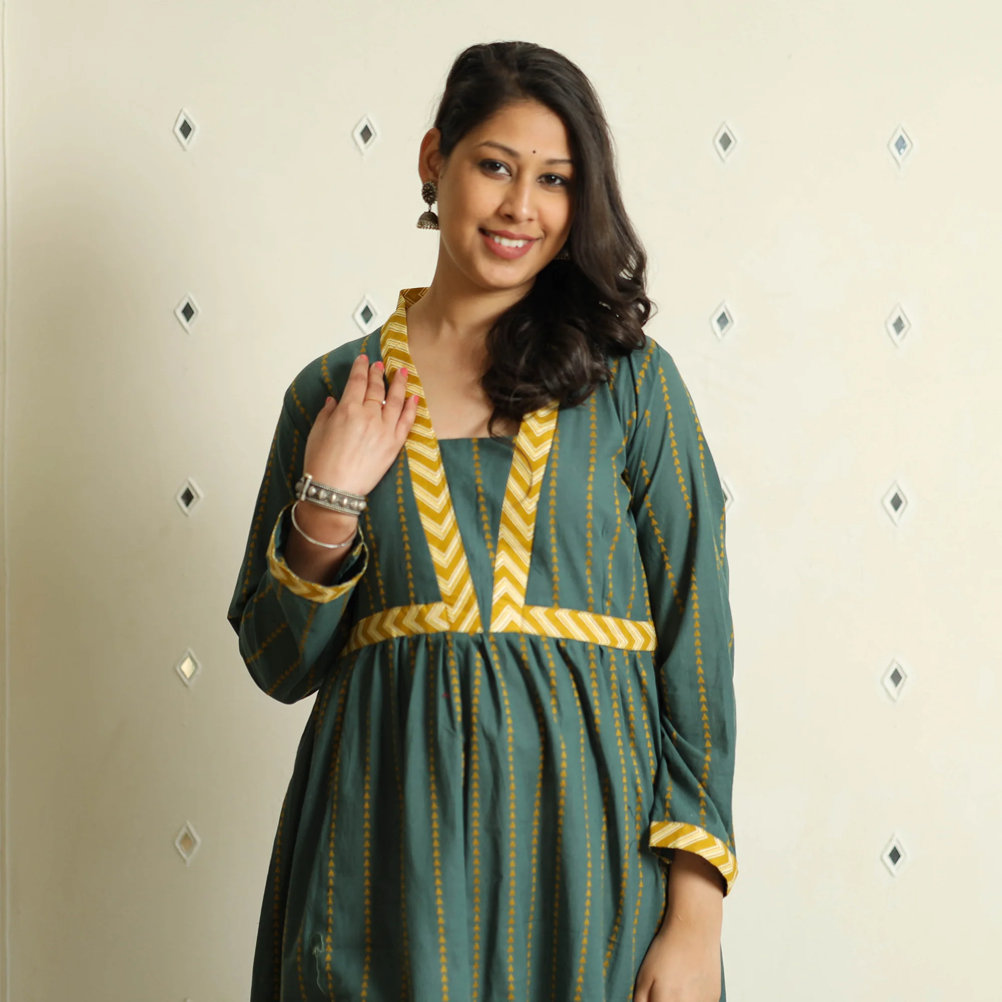 Dark Green - Jacquard Cotton Flared Gher Dress - Image 3
