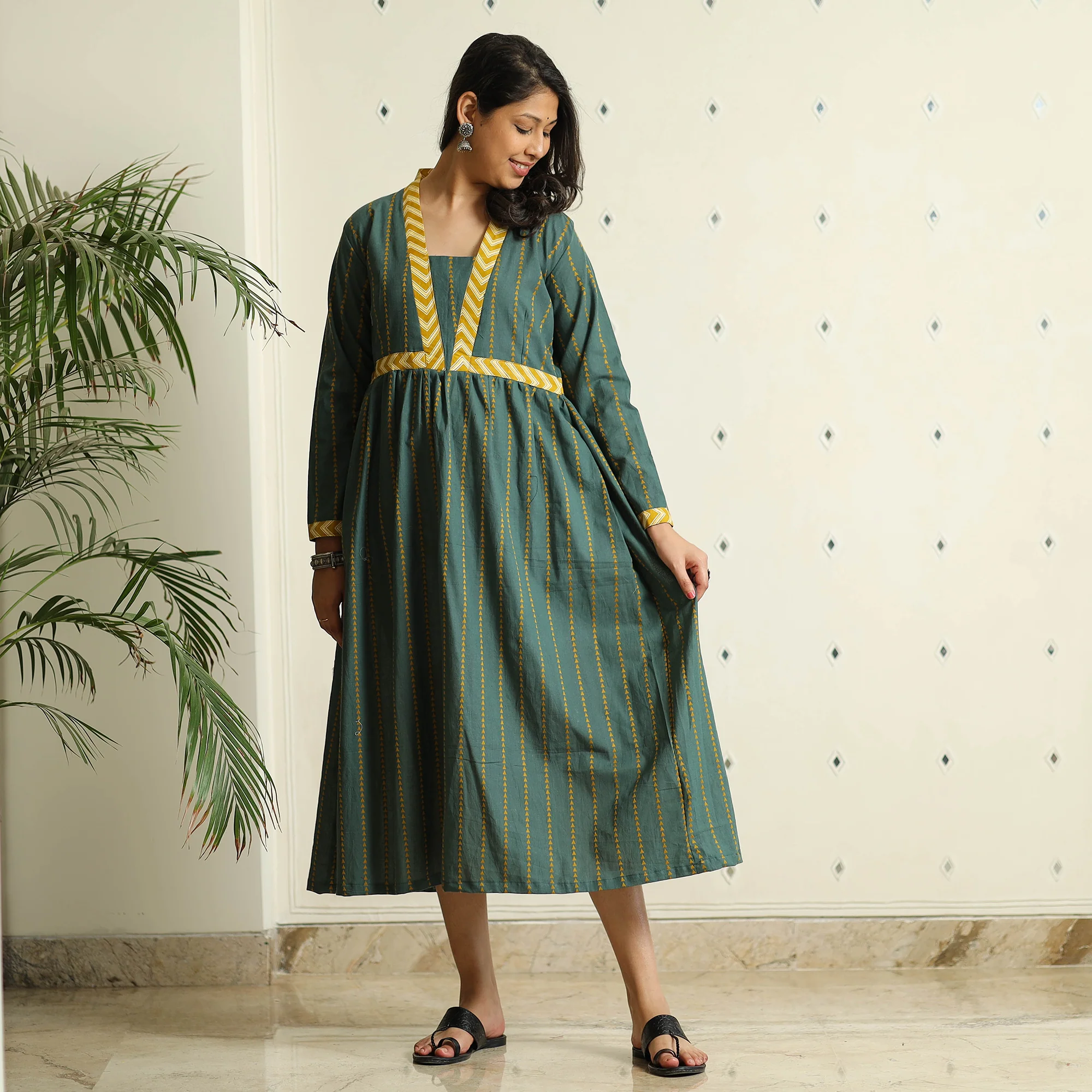 Dark Green - Jacquard Cotton Flared Gher Dress - Image 4