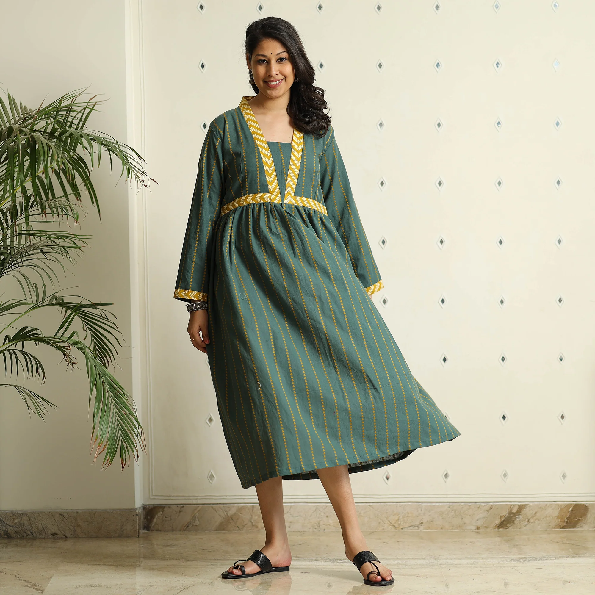 Dark Green - Jacquard Cotton Flared Gher Dress - Image 5