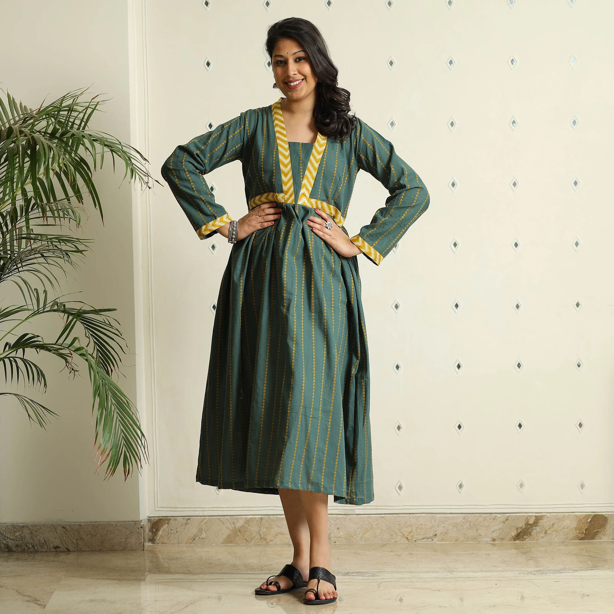 Dark Green - Jacquard Cotton Flared Gher Dress - Image 6