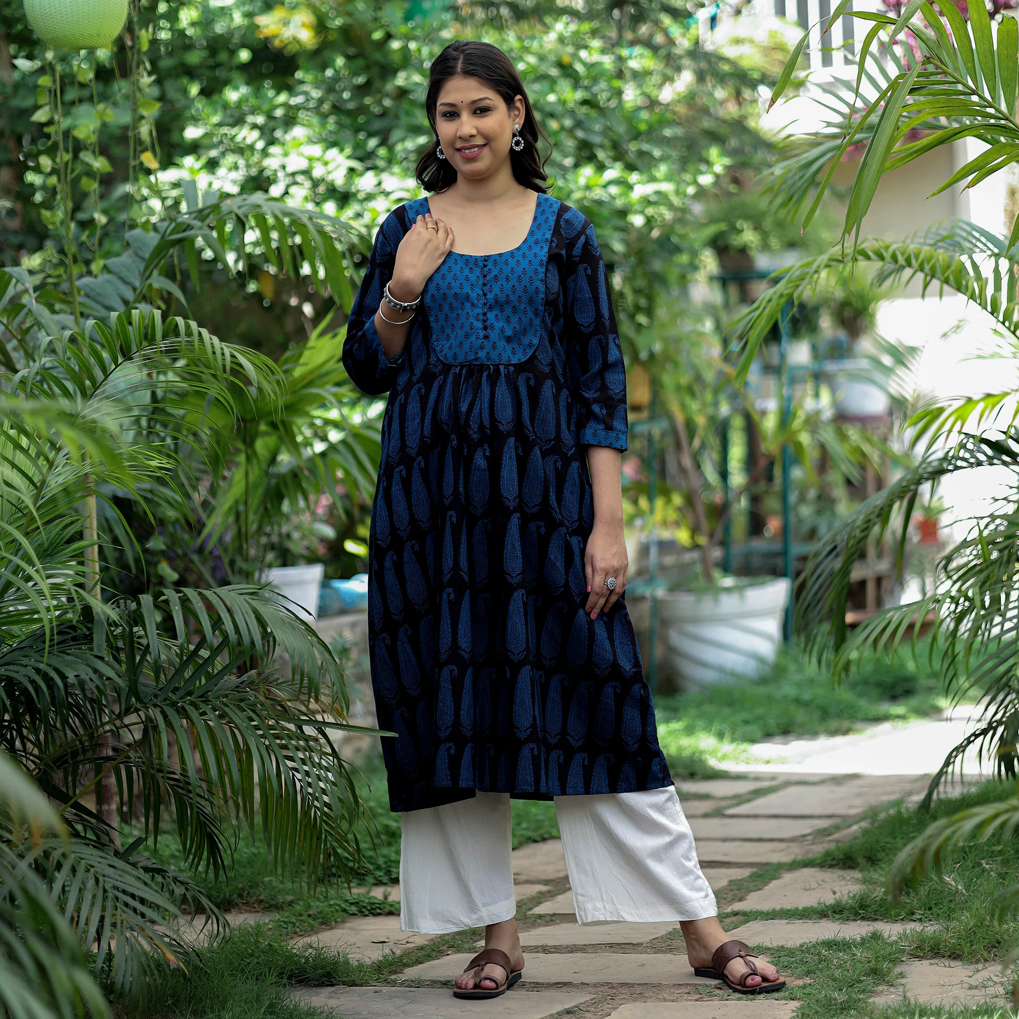 Blue - Block Print Cotton A-Line Bagh Kurta - Image 3