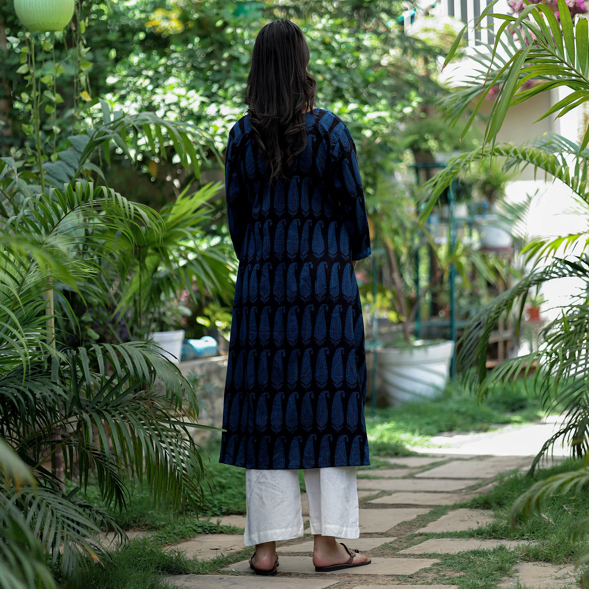 Blue - Block Print Cotton A-Line Bagh Kurta - Image 4