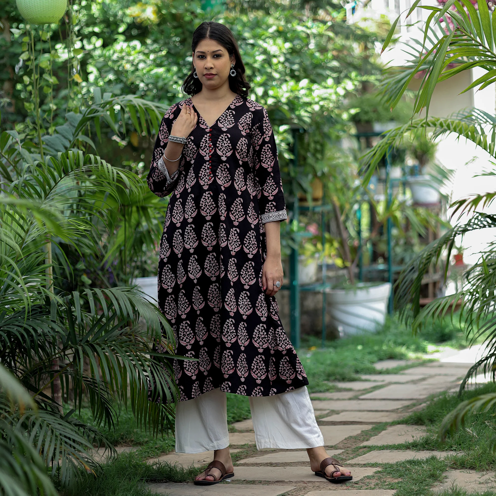 Black -  Block Print Cotton A-Line Bagh Kurta - Image 3