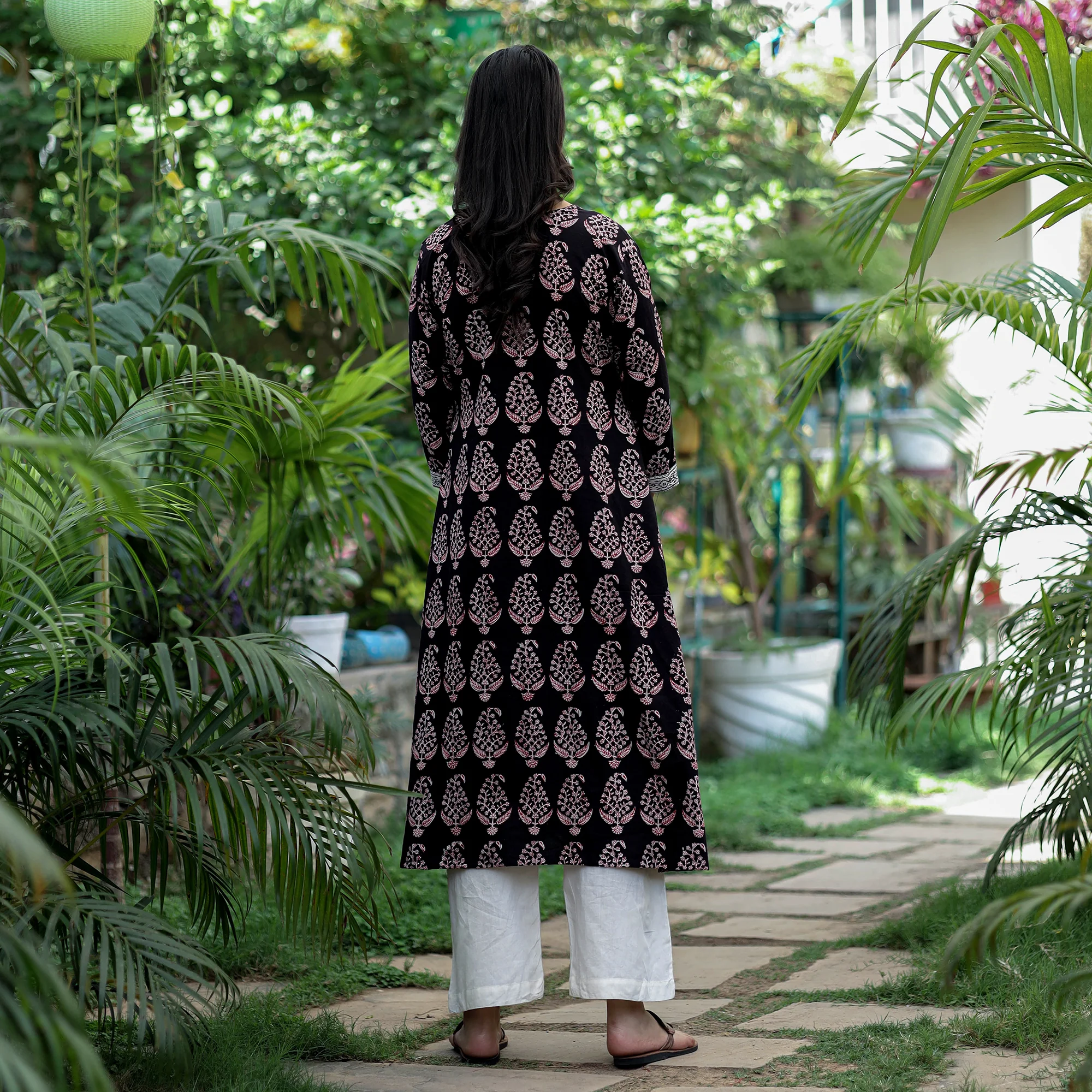 Black -  Block Print Cotton A-Line Bagh Kurta - Image 4