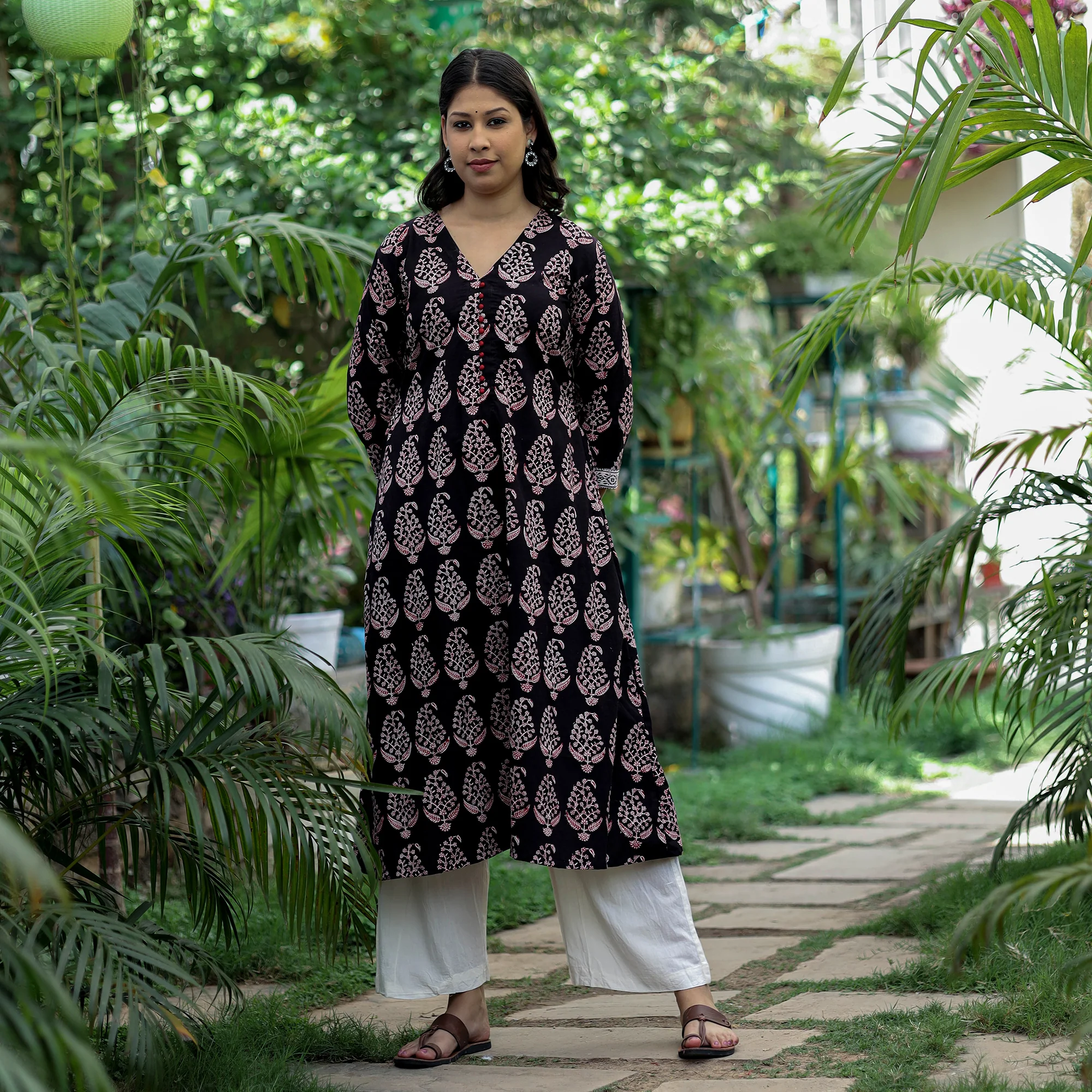 Black -  Block Print Cotton A-Line Bagh Kurta - Image 7
