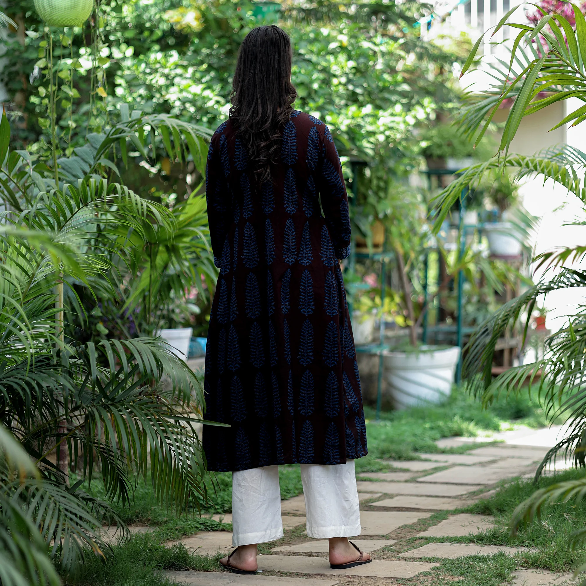 Dark Brown - Bagh Block Printed Cotton A-Line Kurta - Image 4