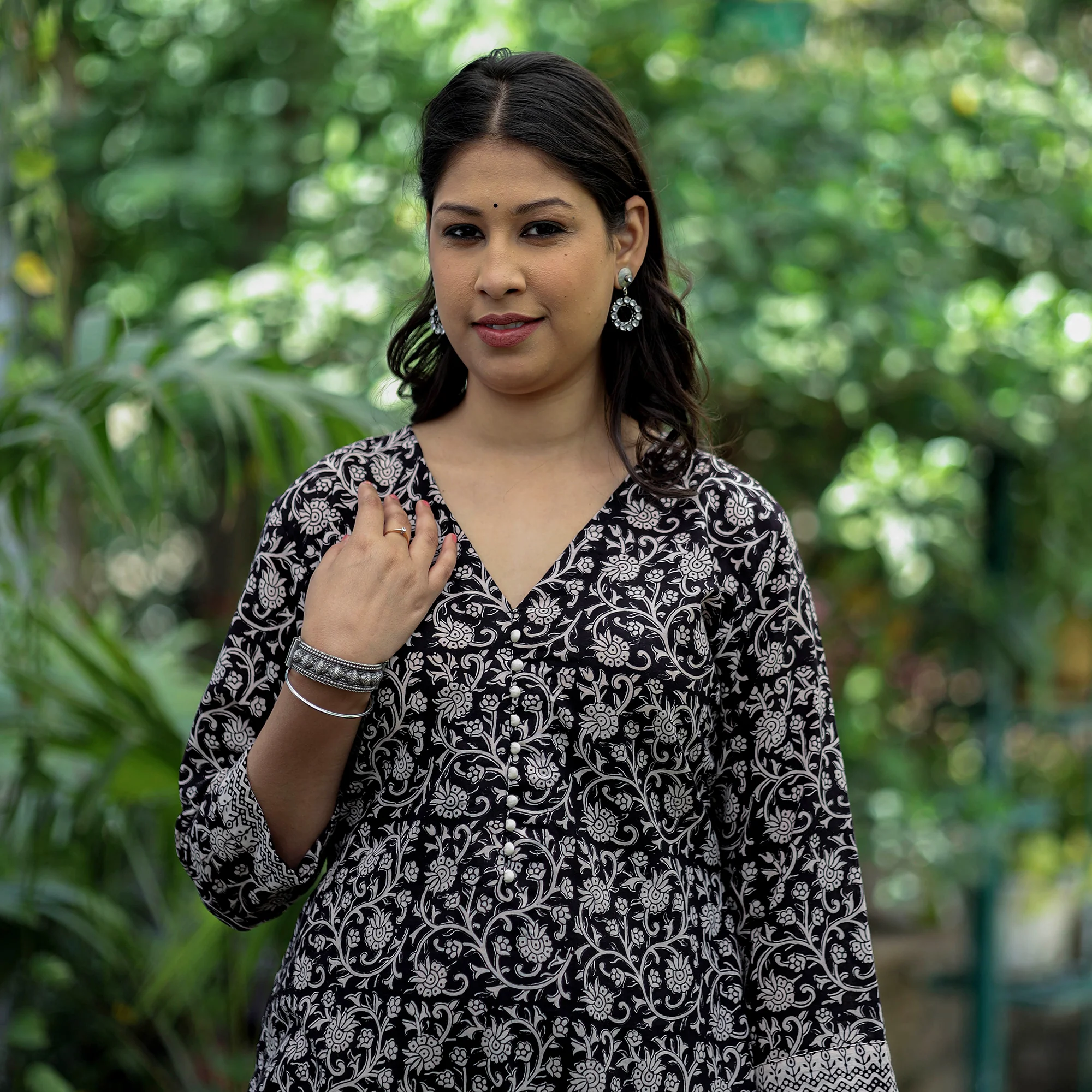 Black - Bagh Hand Block Printed Cotton A-Line Kurta - Image 3