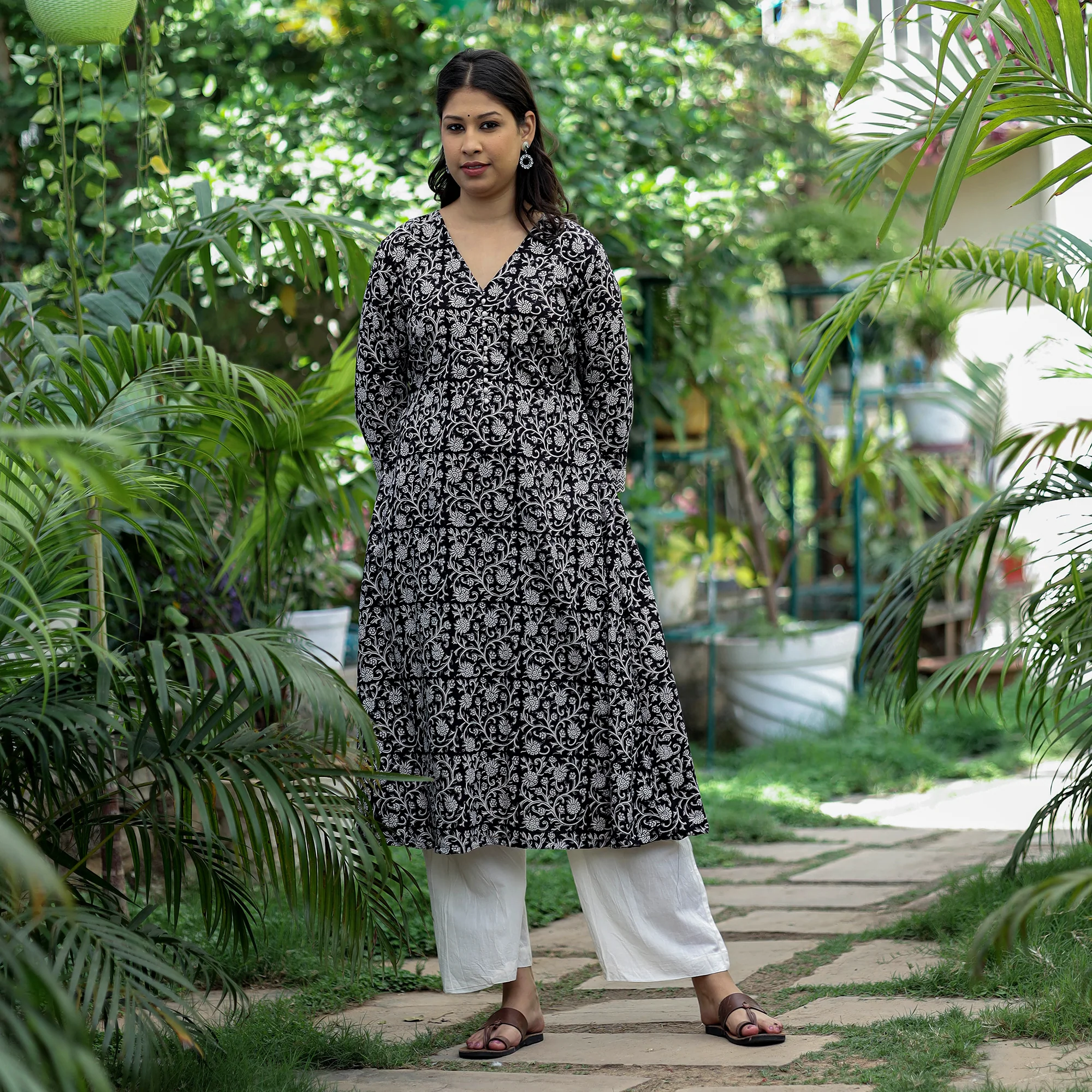Black - Bagh Hand Block Printed Cotton A-Line Kurta - Image 4