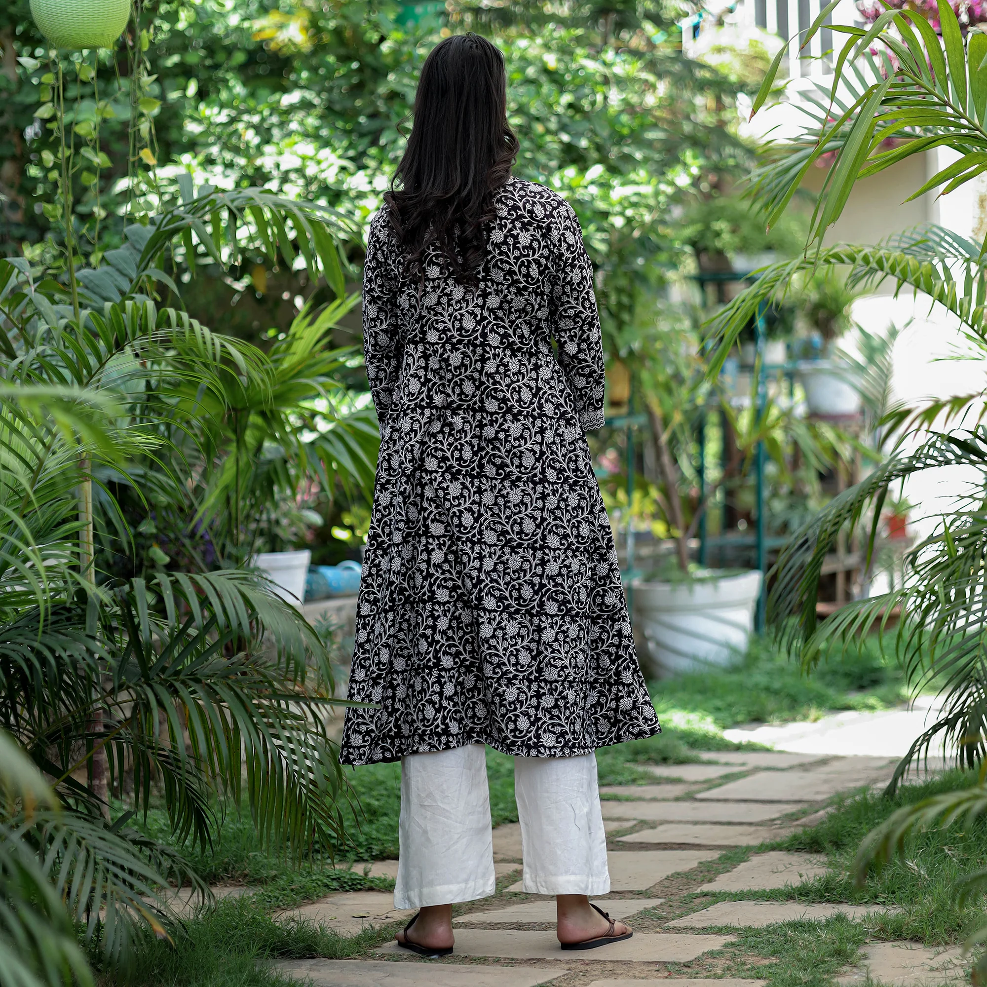 Black - Bagh Hand Block Printed Cotton A-Line Kurta - Image 7