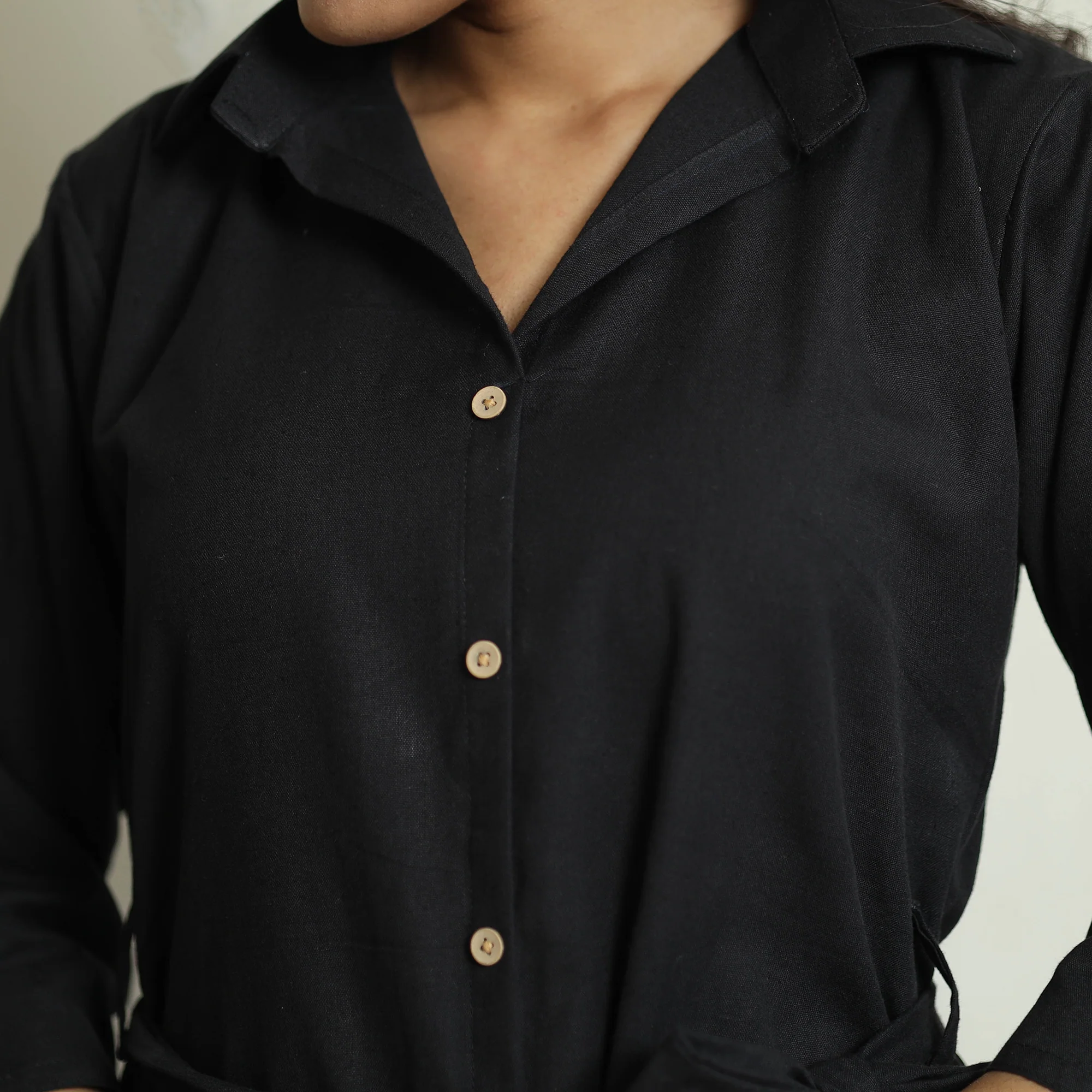 Black - Plain Flex Cotton Collared Neck Buttoned Down Dress - Image 6