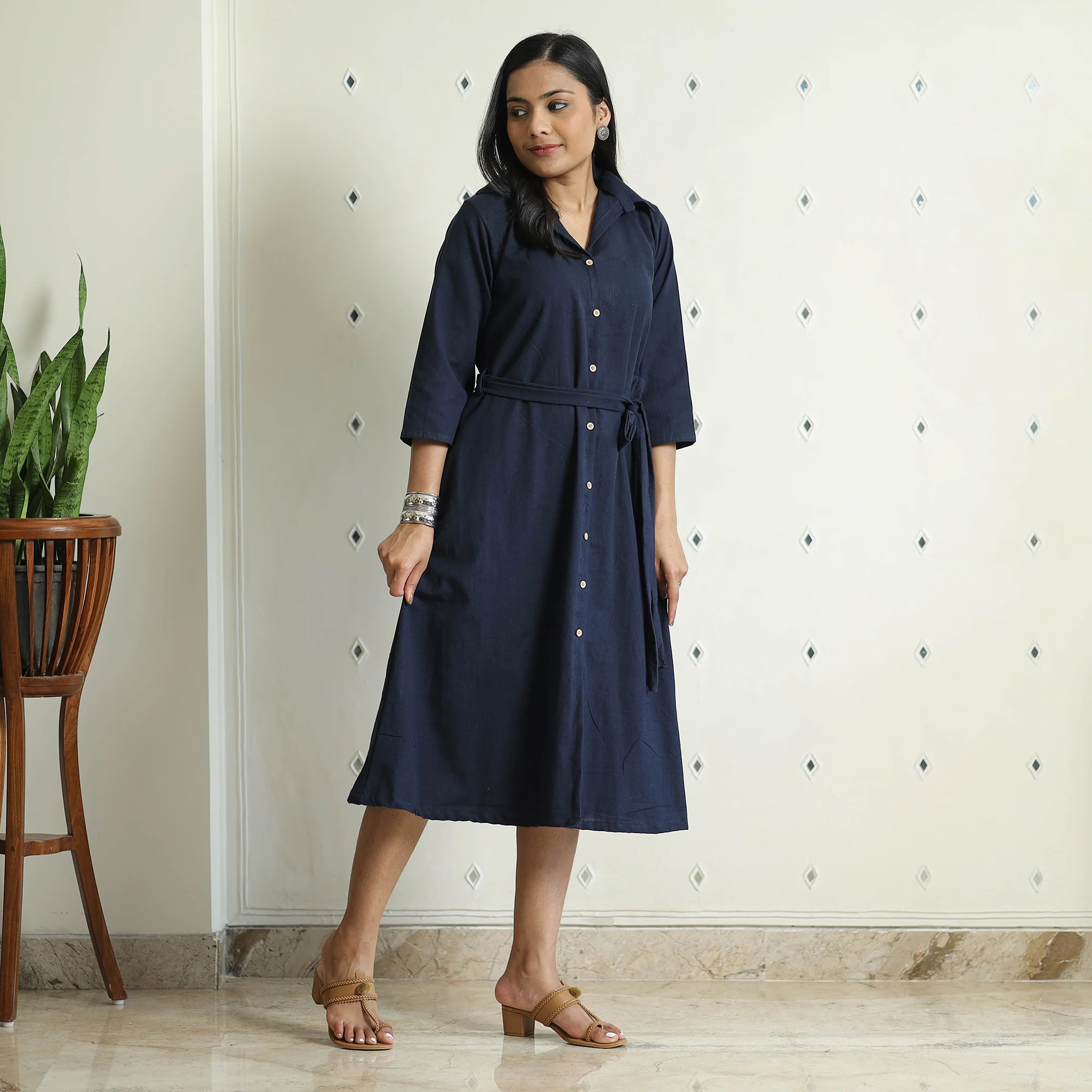 Blue - Plain Flex Cotton Collared Neck Buttoned Down Dress - Image 4