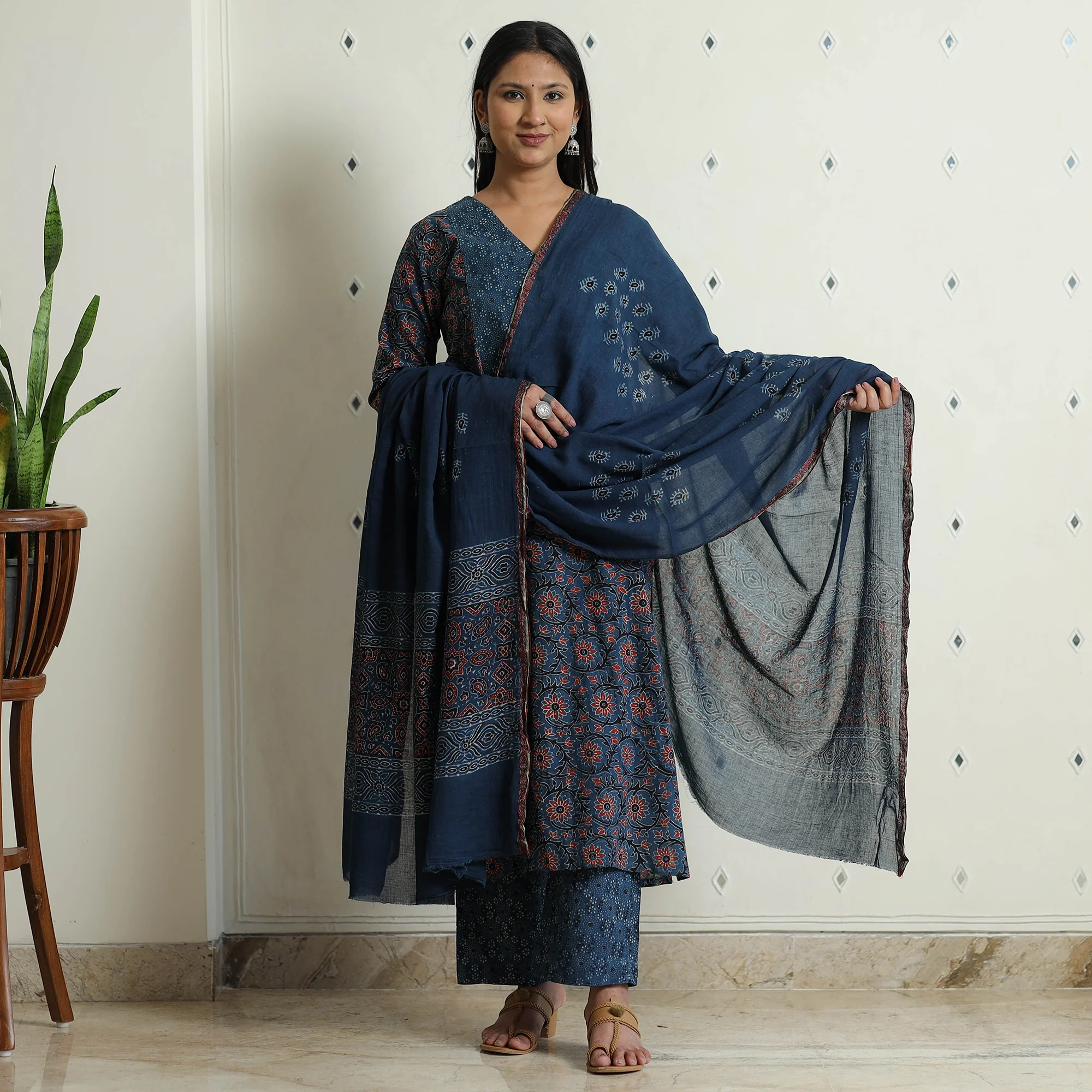 Blue - Ajrakh Block Printed Cotton Kurta with Palazzo & Dupatta Set
